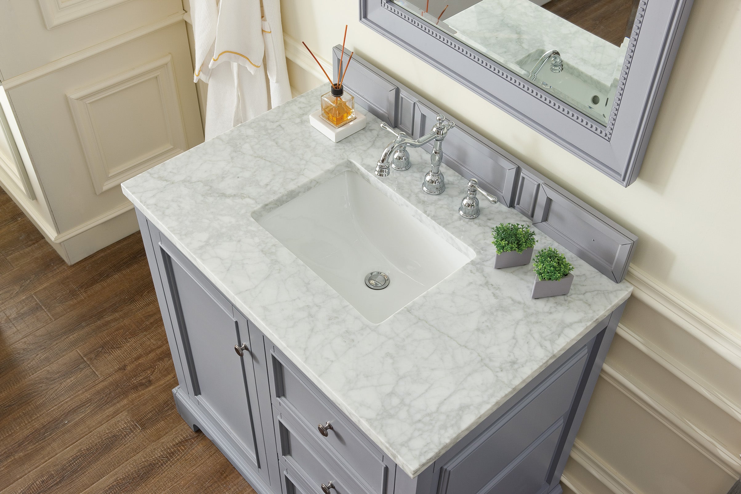 De Soto 36 Inch Single Bathroom Vanity with 3CM Carrara Marble Top in Silver Gray - Perfect for Modern Home, Apartment & Luxury Bathroom Remodeling