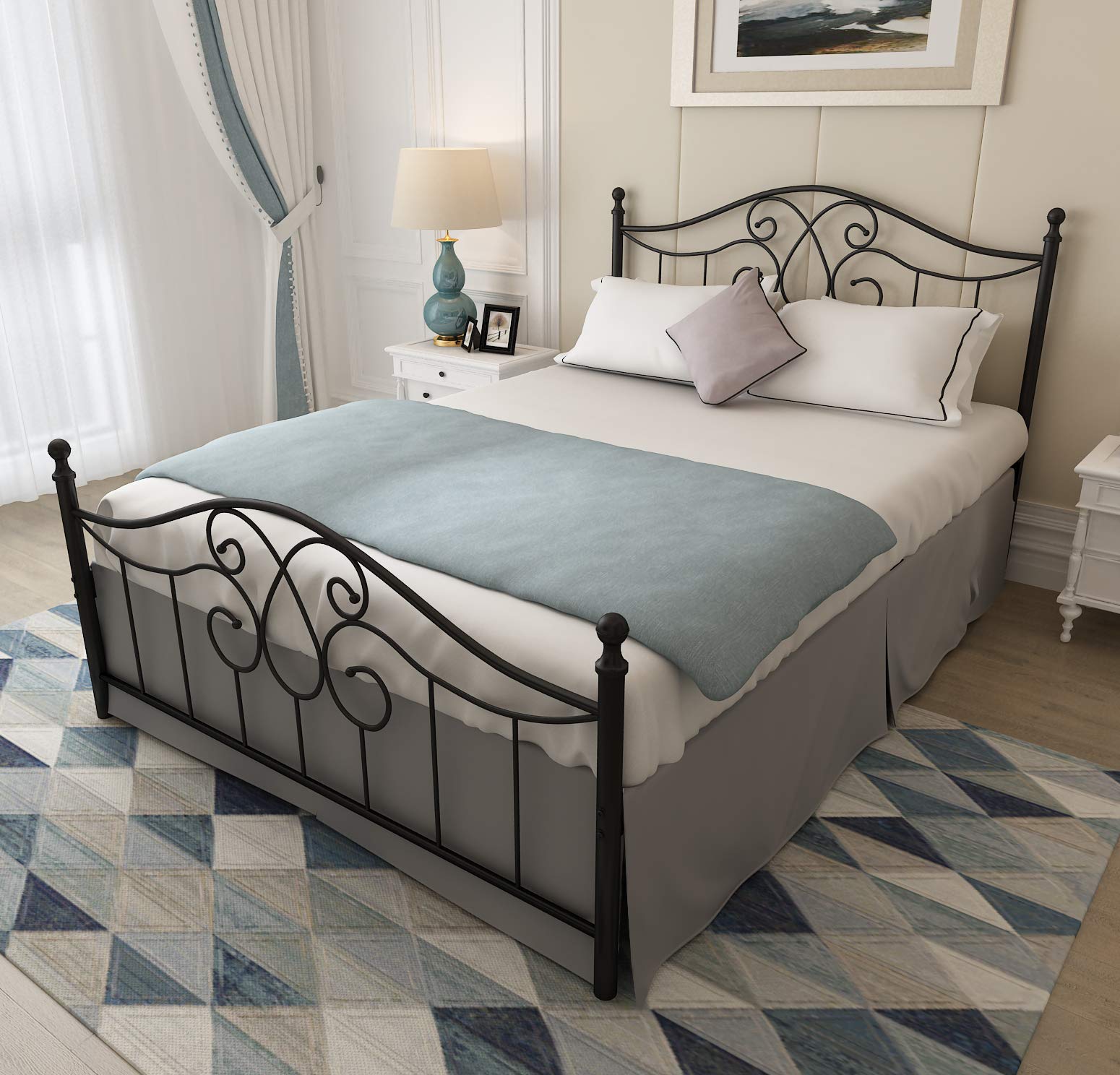 YALAXON Vintage Metal Bed Frame with Headboard & Footboard - Heavy Duty Queen Size No Box Spring Needed - Black - Perfect for Bedroom, Guest Room & Dormitory