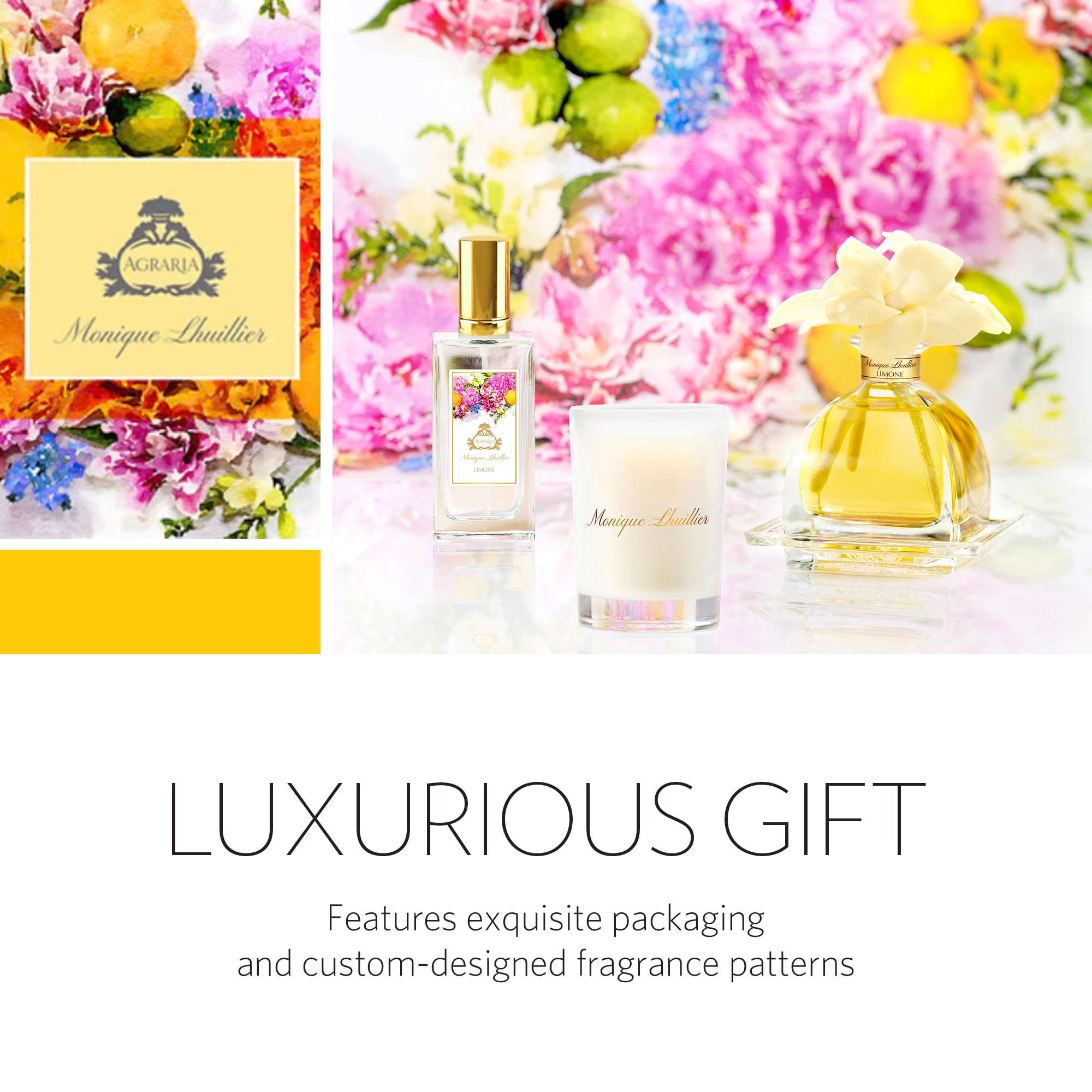 AGRARIA Monique Lhuillier Limone Scented AirEssence Diffuser - 7.4 oz Reed Diffuser with Natural Reeds & Floral Accents | Perfect for Home, Office, Bedroom & Bathroom Aromatherapy