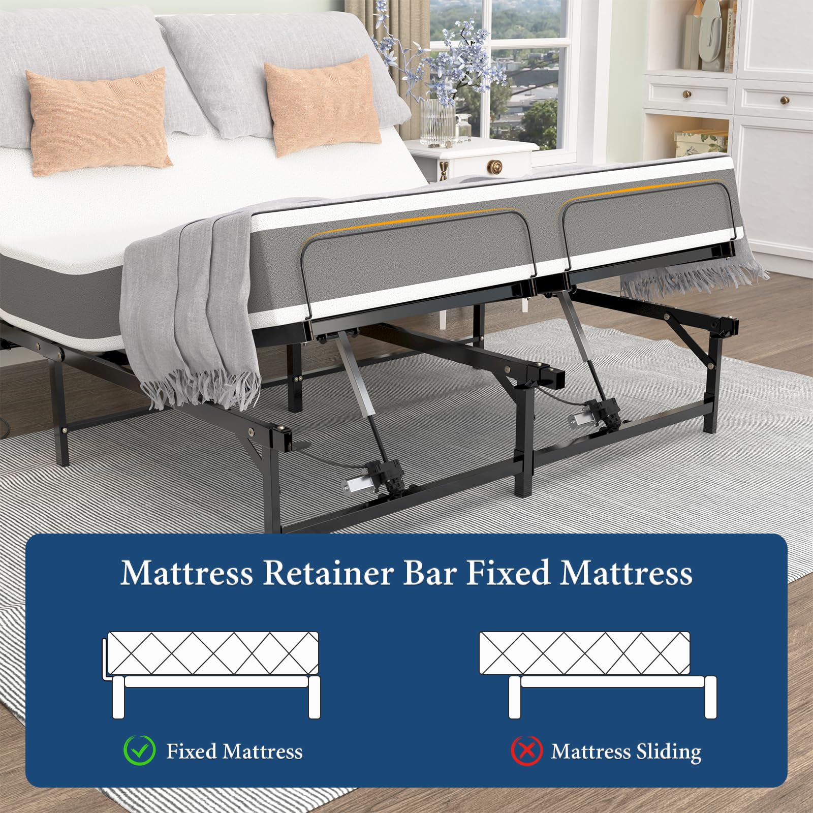 Queen Size Adjustable Bed Frame with Remote Control - 4 Quiet Motors for Head & Leg Adjustment, Reduces Snoring & Pain Relief - Perfect for Home, Hospital & Recovery Use