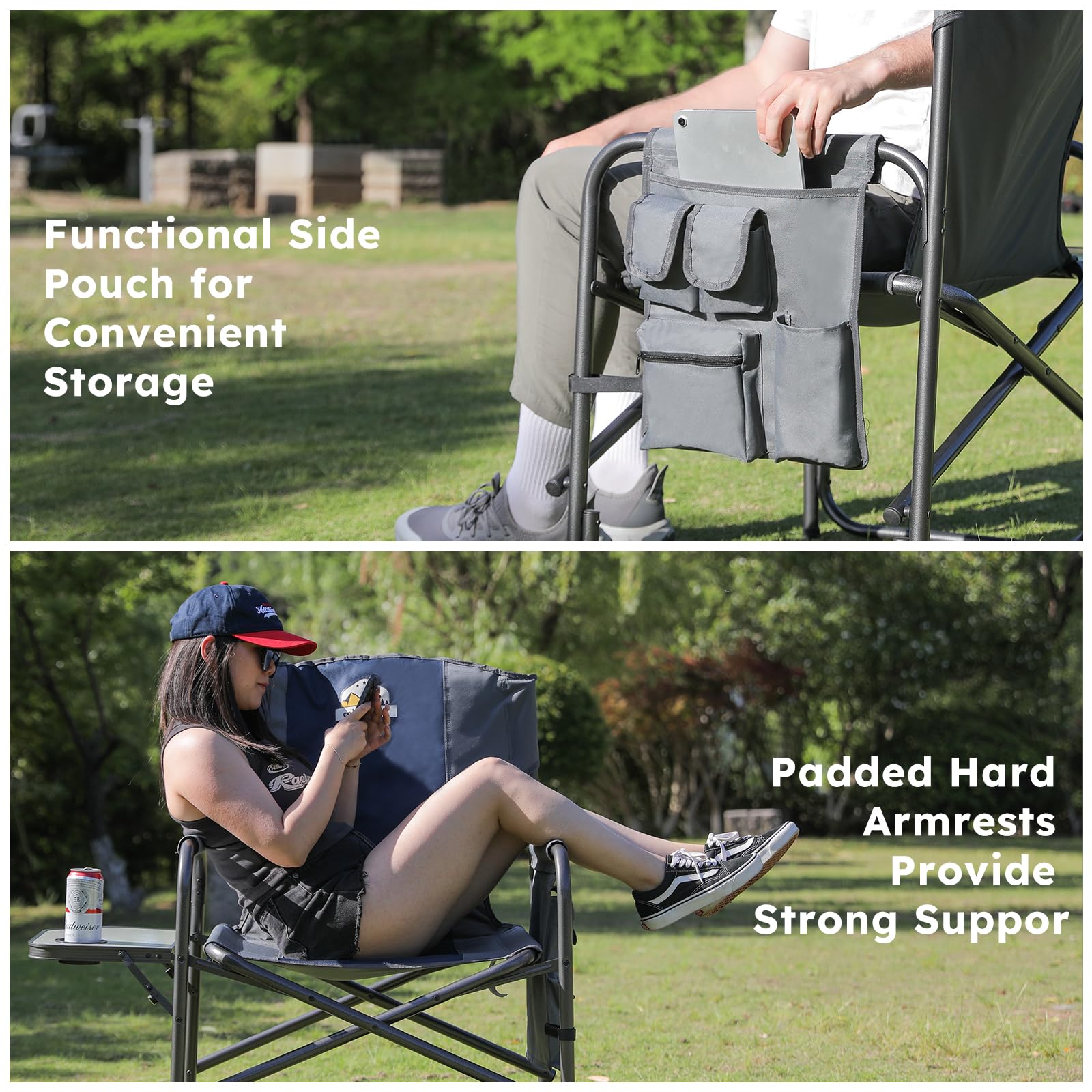 Heavy Duty Oversized Camping Chair with 600 LBS Capacity - Foldable Outdoor Chair with Detachable Side Pocket & Adjustable Side Table - Perfect for Beach, Lawn, Fishing, Camping & Backyard Relaxation (Blue)
