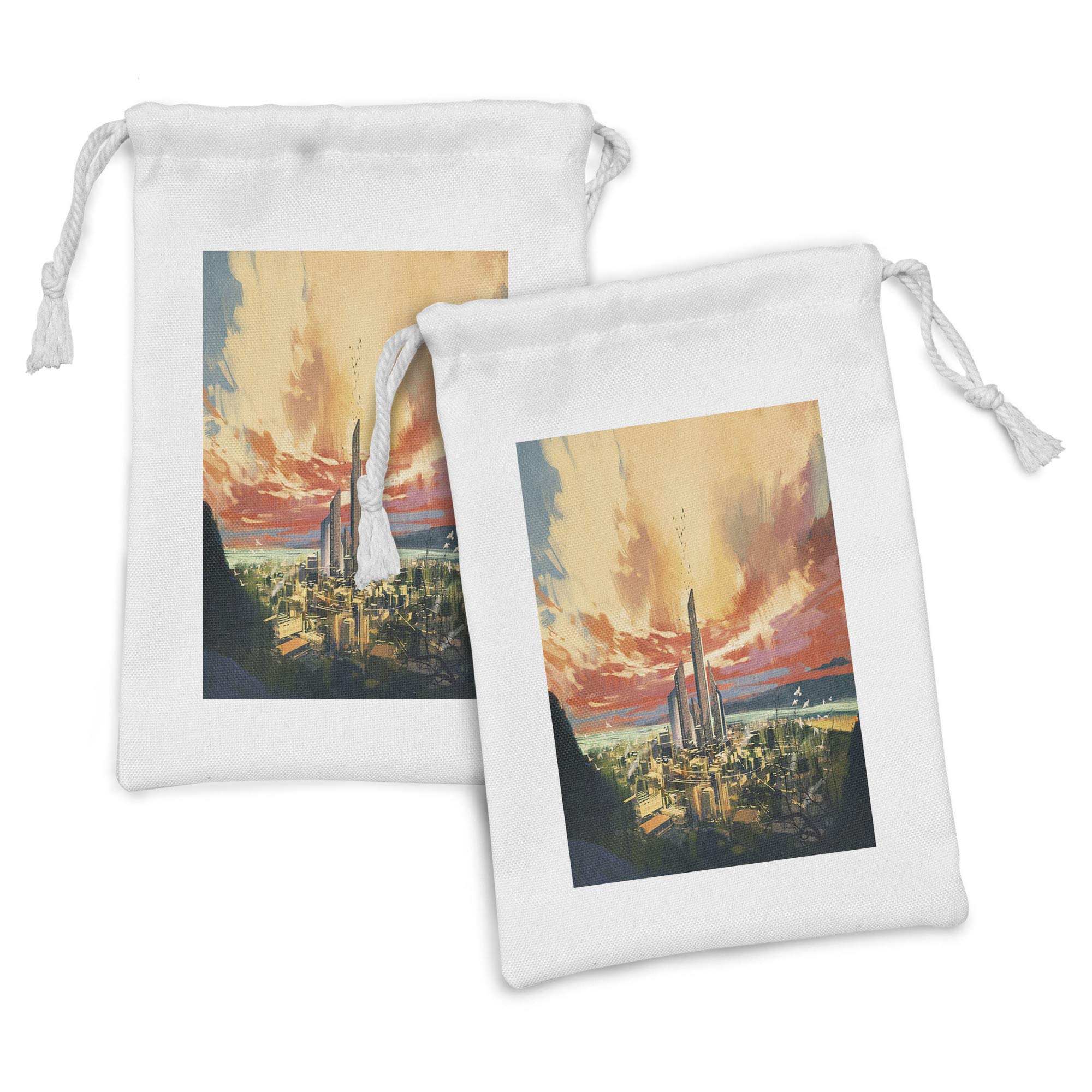 Ambesonne Cityscape Fabric Pouch Set of 2 - Modern Harbor Painting Print Drawstring Bags for Travel Toiletries, Makeup, Jewelry & Gifts (9