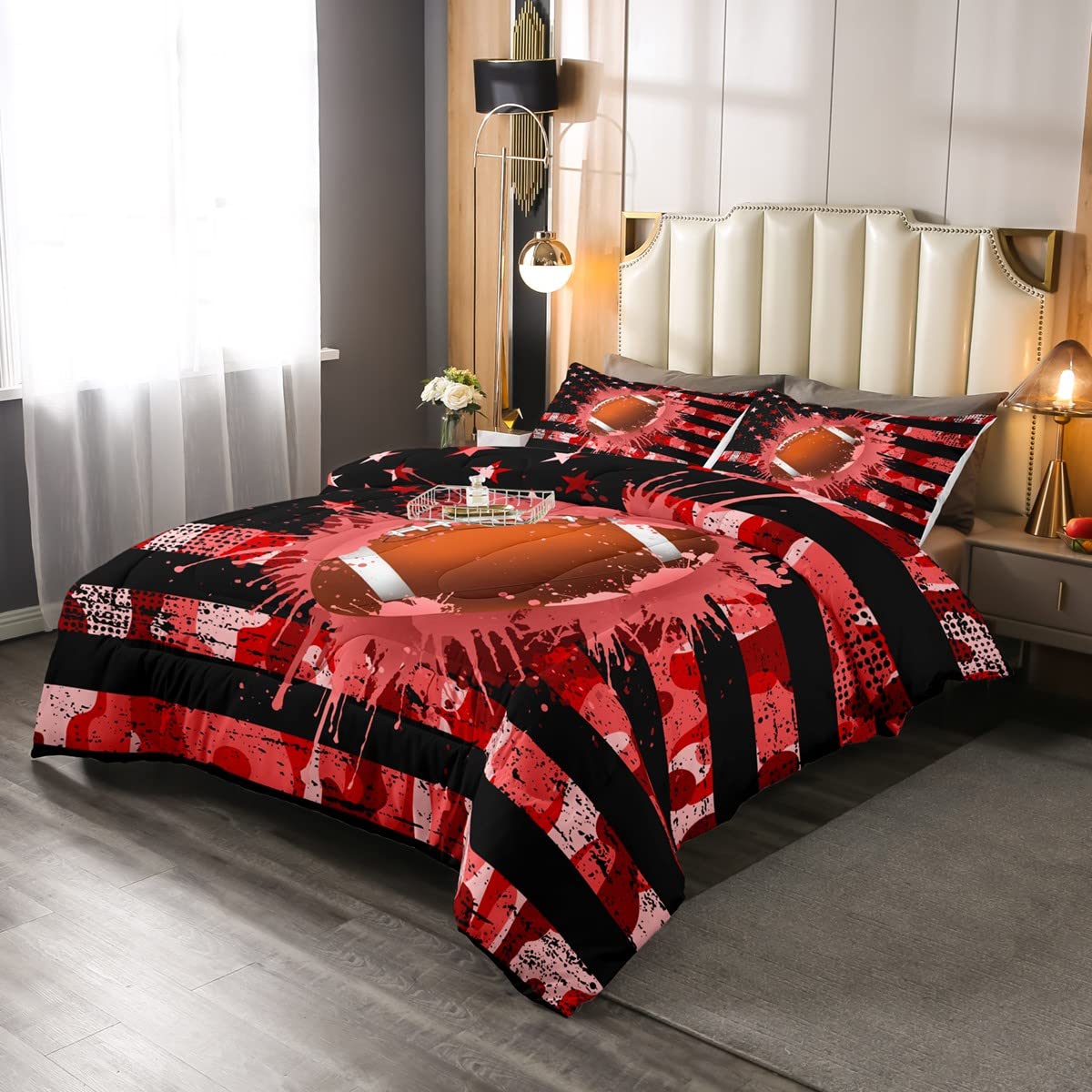 American Flag Twin Bedding Set - Football Soccer Comforter for Kids, Boys & Teens - USA Sports Themed Duvet Cover with Tie Dye Grunge Design - 2 Piece Set Includes Quilted Duvet & Pillowcase (Red) - Perfect for Game Day Decor, Teen Bedroom & Patriotic Home Styling
