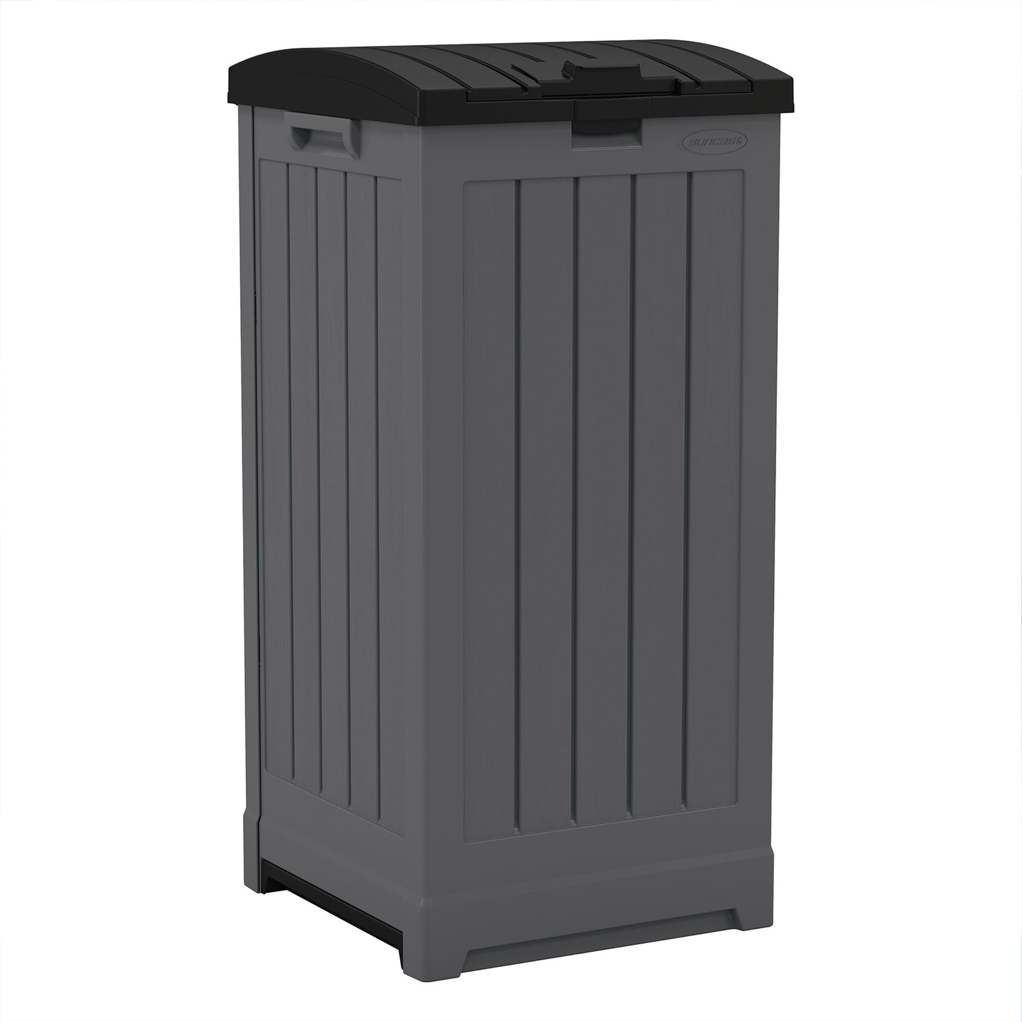 Suncast 39 Gallon Outdoor Trash Hideaway - Peppercorn Deck Waste Bin with Latching Lid, Liquid Tray & Handles | Durable Patio Garbage Can with Trash Bag Holder | Perfect for Backyard, Poolside & Outdoor Entertaining Areas