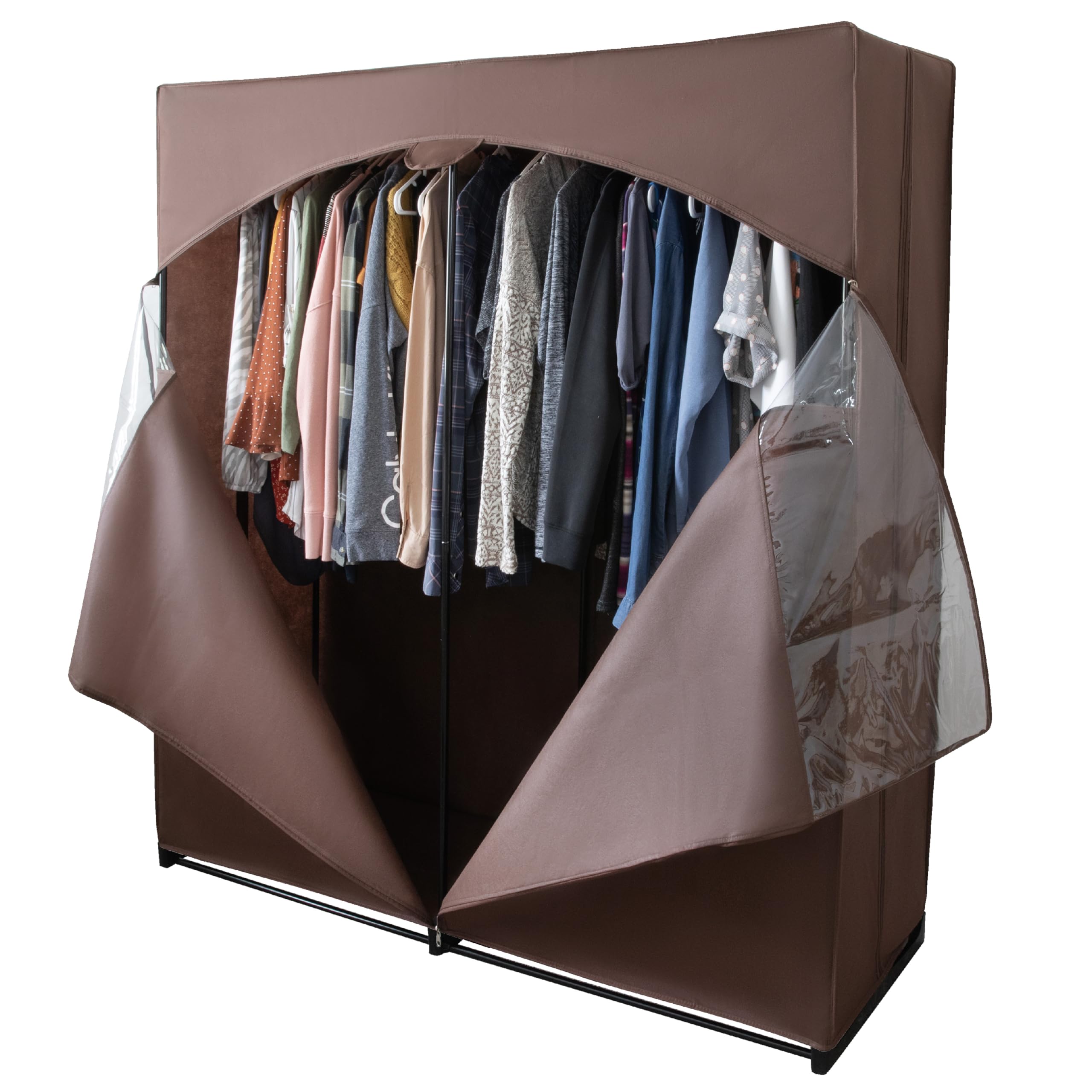 Premium Heavy Duty Portable Wardrobe Closet with Metal Hanging Rod & Brown Cover - 50 LB Weight Capacity - Easy No-Tool Assembly for Travel, Camping & Temporary Storage