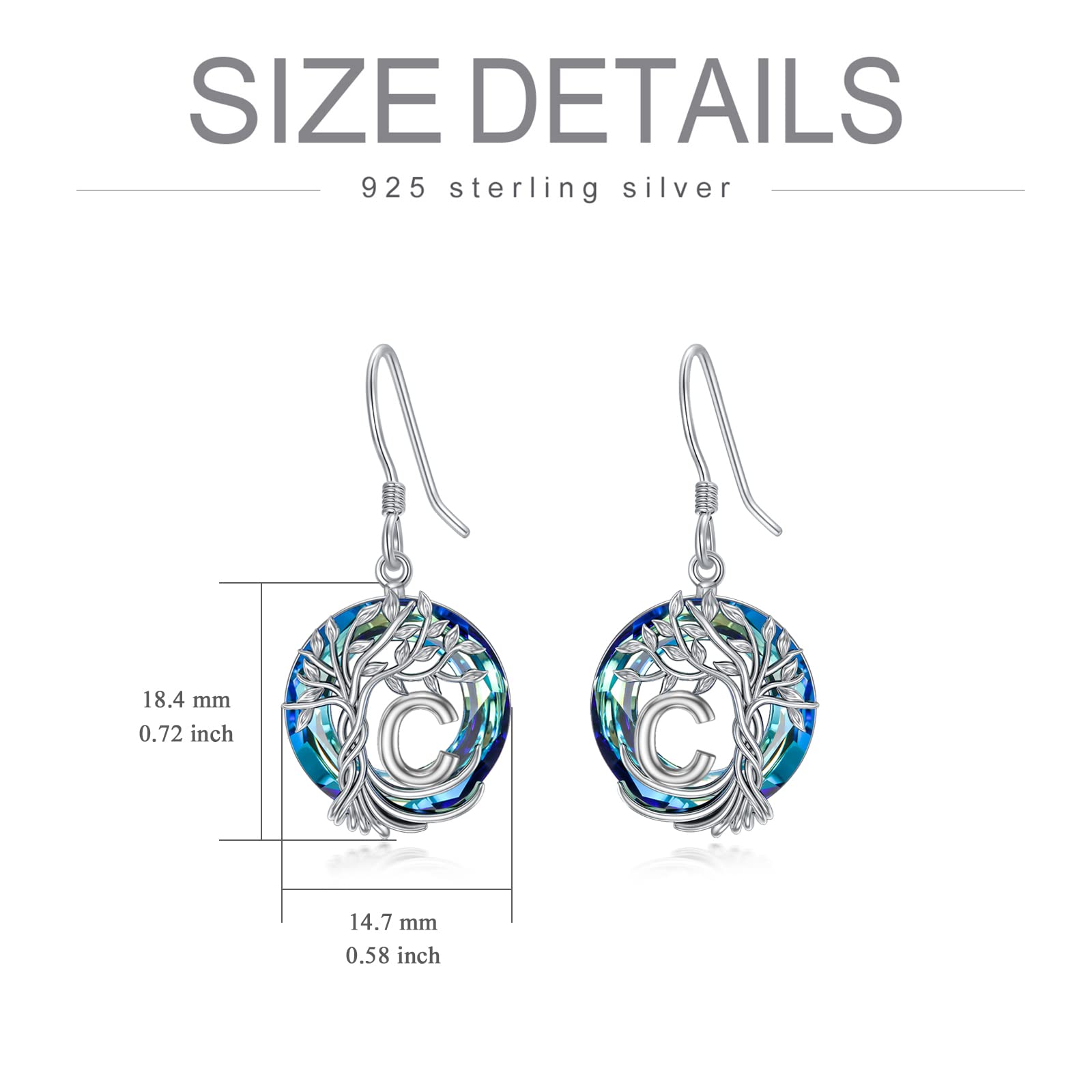 TOUPOP Tree of Life Initial Earrings - 925 Sterling Silver A-Z Letter Drop Dangle Earrings with Blue Circle Crystal | Valentine's Day, Anniversary & Birthday Jewelry Gifts for Women, Girlfriend & Mom | Perfect for Romantic Occasions, Mother's Day & Special Celebrations