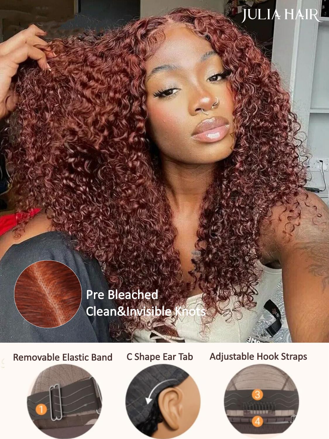 Julia Hair Bye Bye Knots 7x5 Glueless Wig - Pre Cut Lace Front Curly Human Hair Wig in Reddish Brown | 16 Inch Deep Curly with Invisible Knots | Pre Plucked Natural Hairline | Ready to Wear | Perfect for Daily Wear, Cosplay & Special Occasions