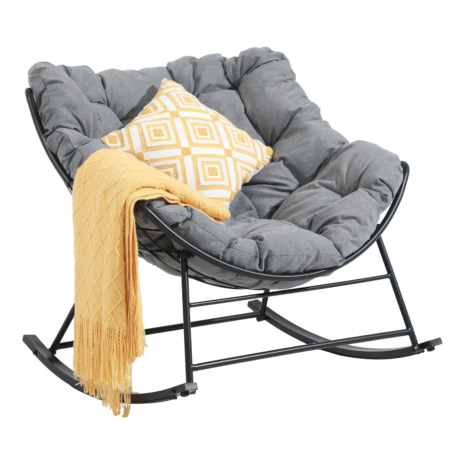 OC Orange-Casual Outdoor Rocking Chair with Oversized Cushion - Patio, Garden & Indoor Recliner Chair for Reading, Relaxing in Living Room, Balcony or Front Porch - Comfortable Egg Rocker in Grey (Perfect for Lounging, Sunbathing & Coffee Time)