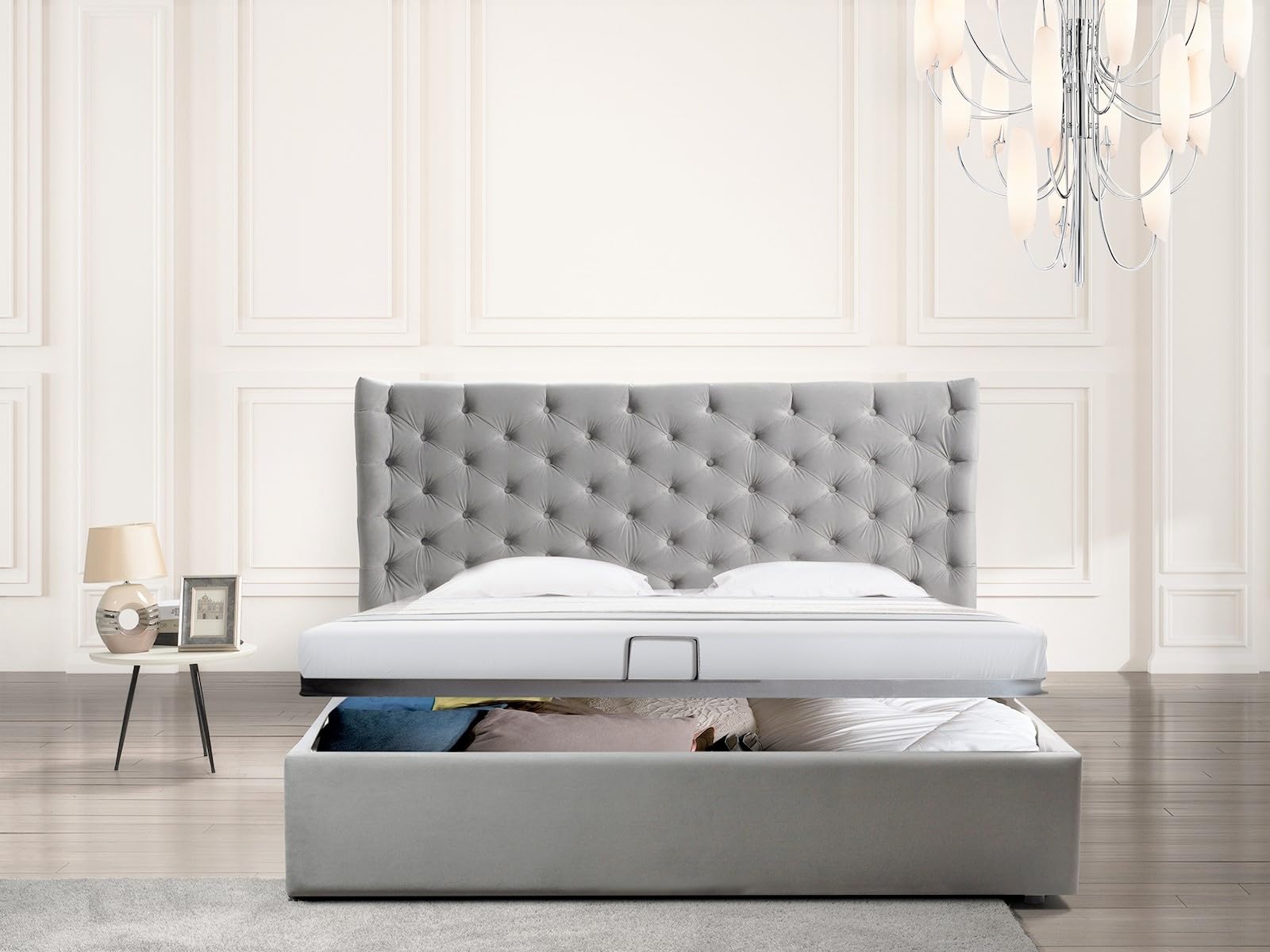 Parker King Size Lift Up Storage Bed with Hydraulic System - Velvet Fabric Upholstered, Light Gray - Perfect for Small Bedrooms & Maximizing Space