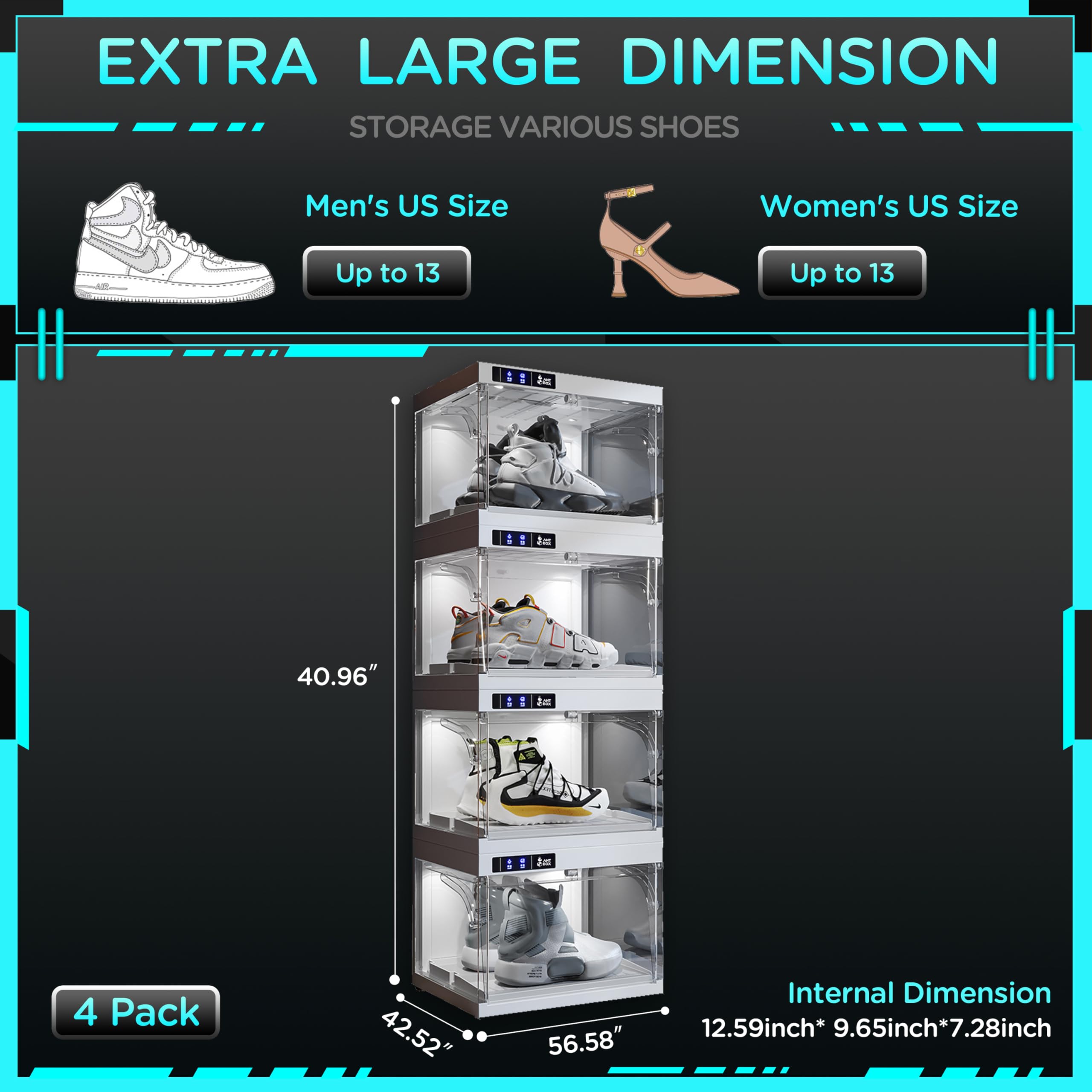 Smart LED Shoe Organizer Box - 4 Pack Clear Stackable Plastic Sneaker Display Case with Auto-Opening, White | Perfect for Sneaker Collection, Closet Organization & Home Decor