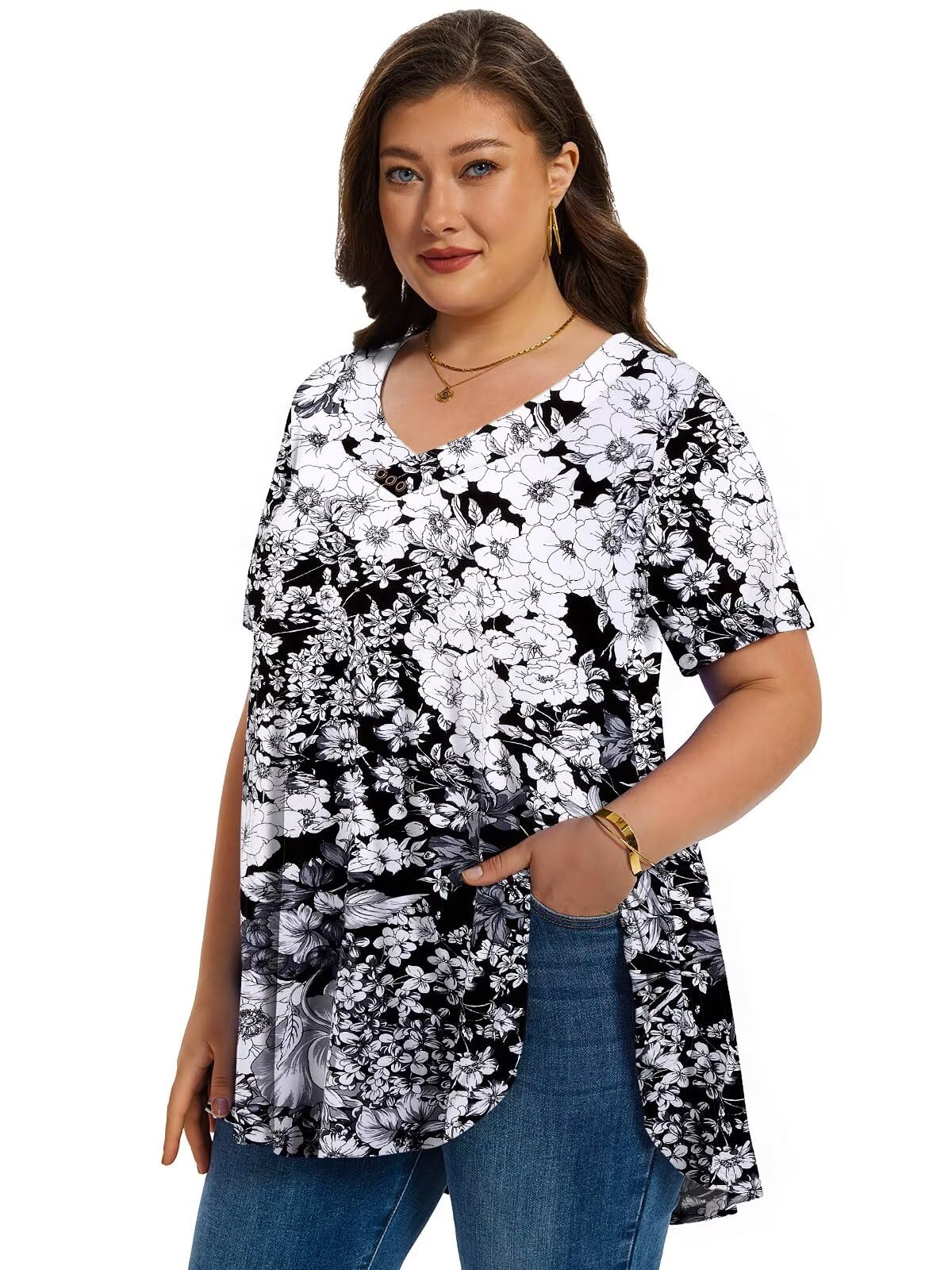 LARACE Plus Size Tunic Tops for Women - Short Sleeve V Neck Casual Blouse, Loose Fit Summer T-Shirt in Floral Black (Sizes M-5XL) | Perfect for Work, Travel & Everyday Wear