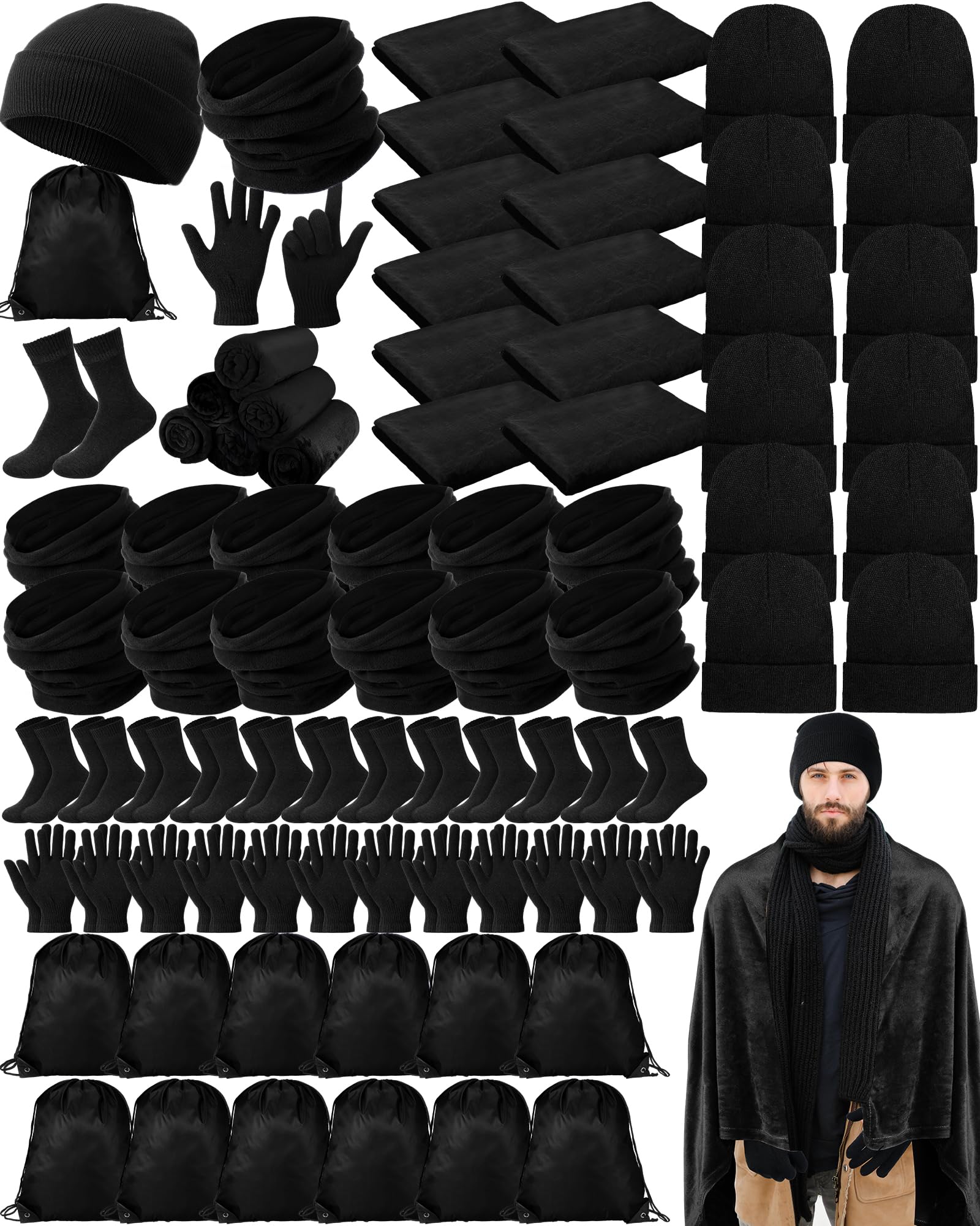 72-Piece Winter Homeless Care Kit - Unisex Gloves, Socks, Fleece Blanket, Hats & Scarves with Drawstring Bags | Cold Weather Essentials for Shelters, Charity Donations & Outdoor Survival Gear