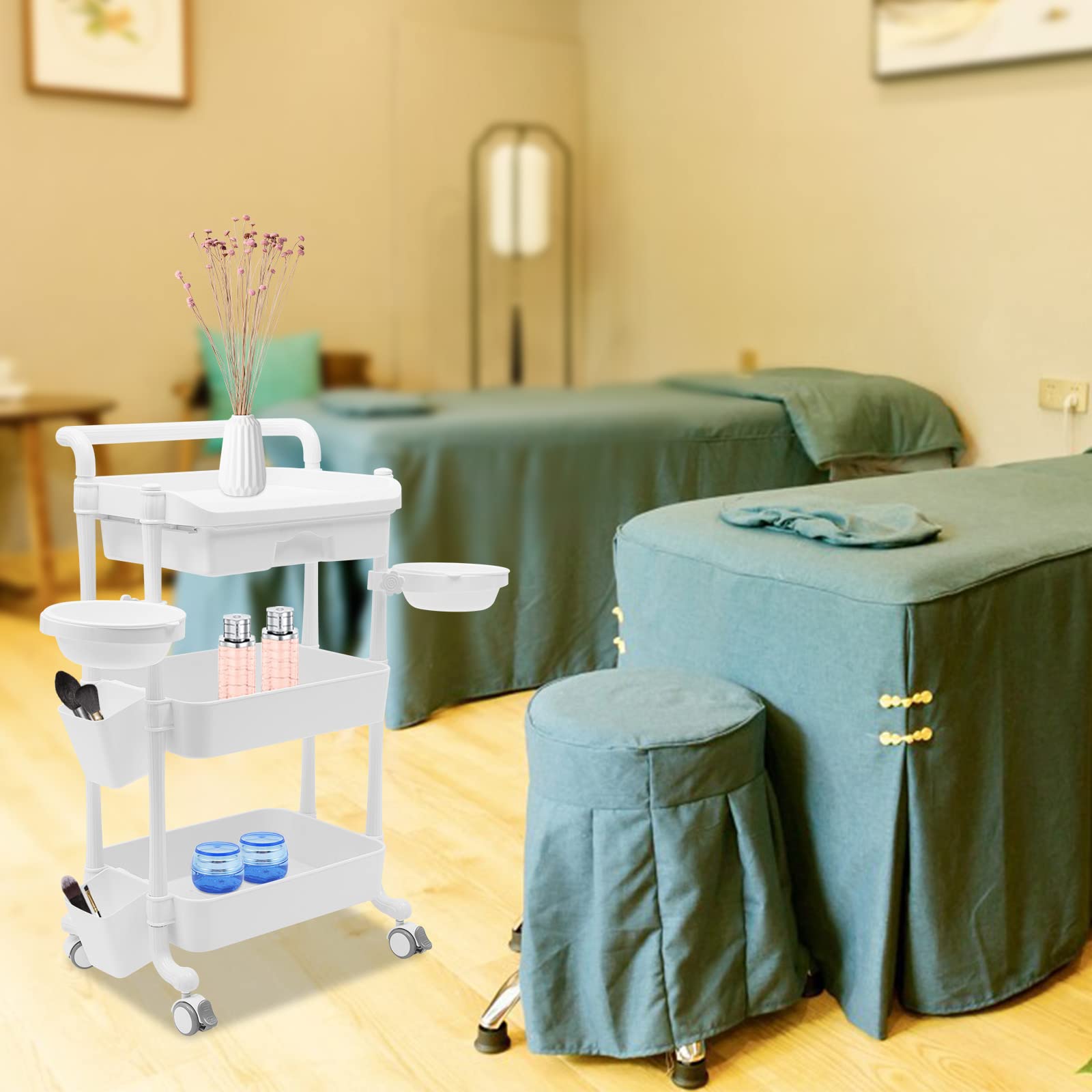 3-Tier Rolling Salon Trolley Stand - Beauty & Spa Storage Organizer with Wheels - Mobile Service Cart for Hair Salon Tools & Equipment - 330lbs Capacity - 18.9x13x33.3 Inches (White) - Perfect for Salon Styling, Spa Treatments & Professional Beauty Services