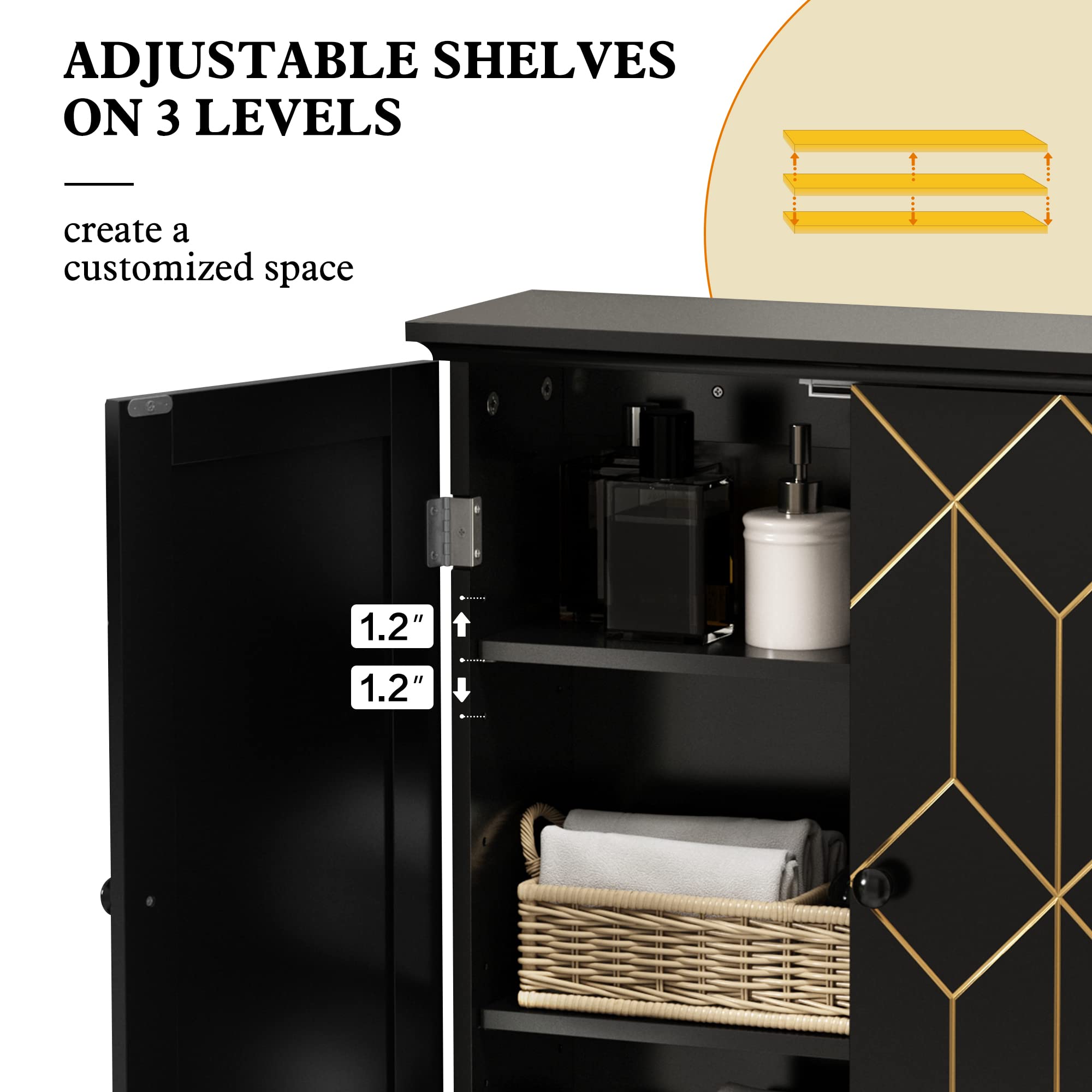 Gold Trim Wall-Mounted Bathroom Storage Cabinet with Adjustable Shelves & Hooks - Space Saving Medicine Cabinet for Bathroom, Living Room, Laundry - Classic Black Design for Modern Homes