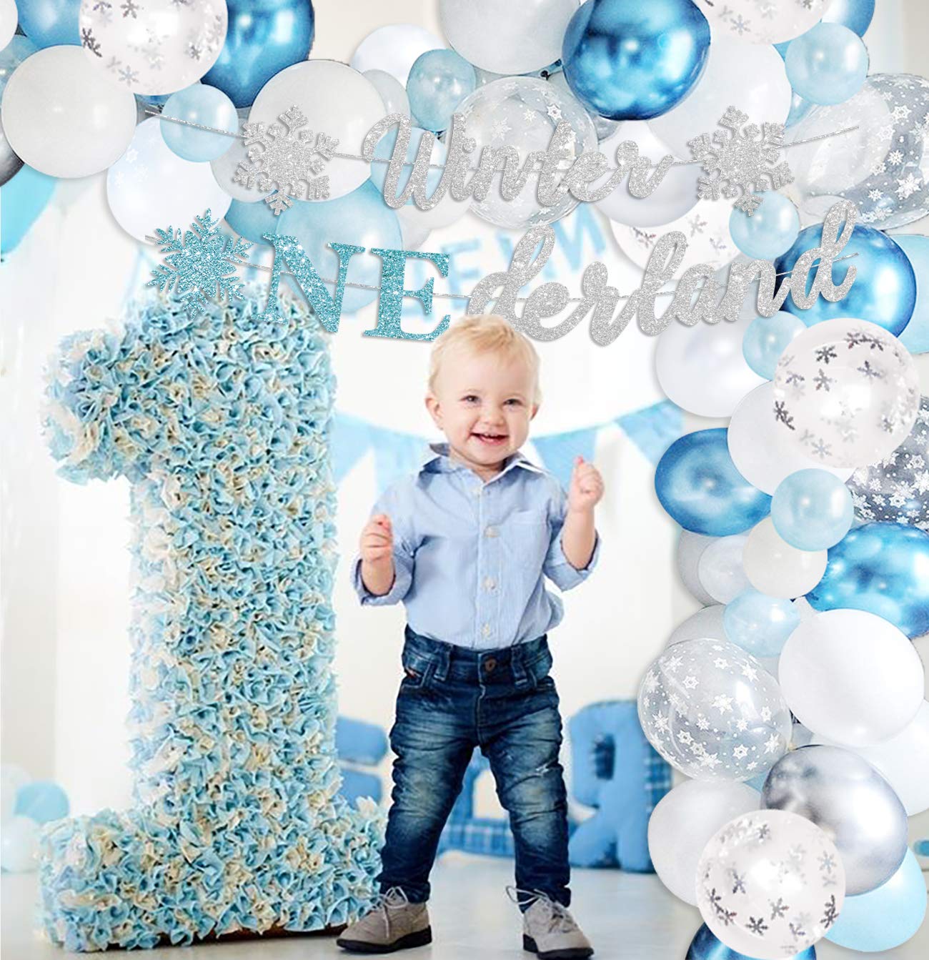 Snowflake Balloon Garland Arch Kit - Blue & Silver Winter Wonderland Decor for 1st Birthday Party, Baby Shower, Winter Onederland | Perfect for Girls, Boys & Gender Neutral Celebrations | Create Magical Winter-Themed Backdrops & Photo Booths