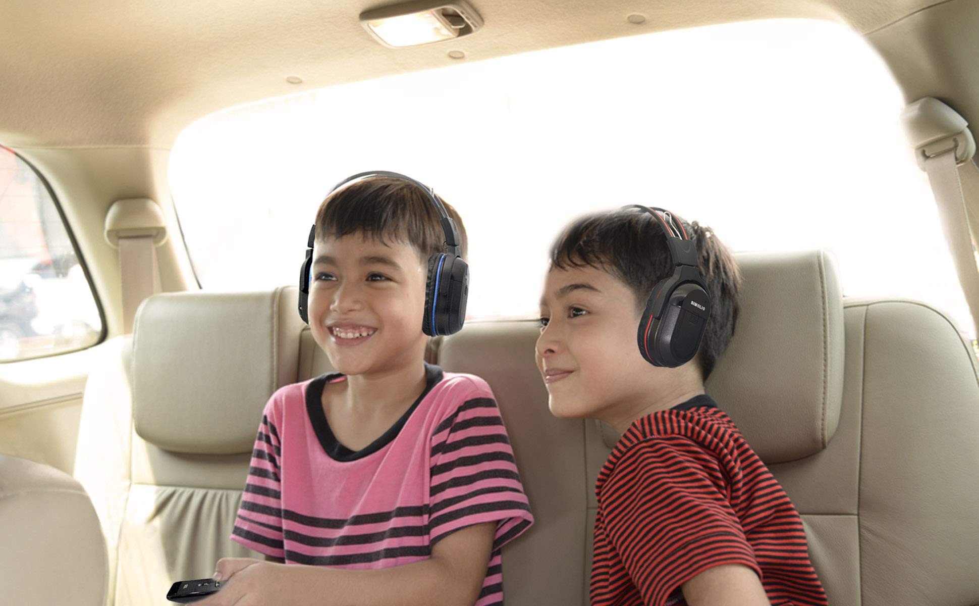 SIMOLIO Universal IR Wireless Headphones for Car DVD/TV - 2 Channel Infrared Headphones for Kids with 3.5mm Aux Cord & Storage Bag - Rear Seat Entertainment Headset for Travel, Road Trips and Long Car Rides