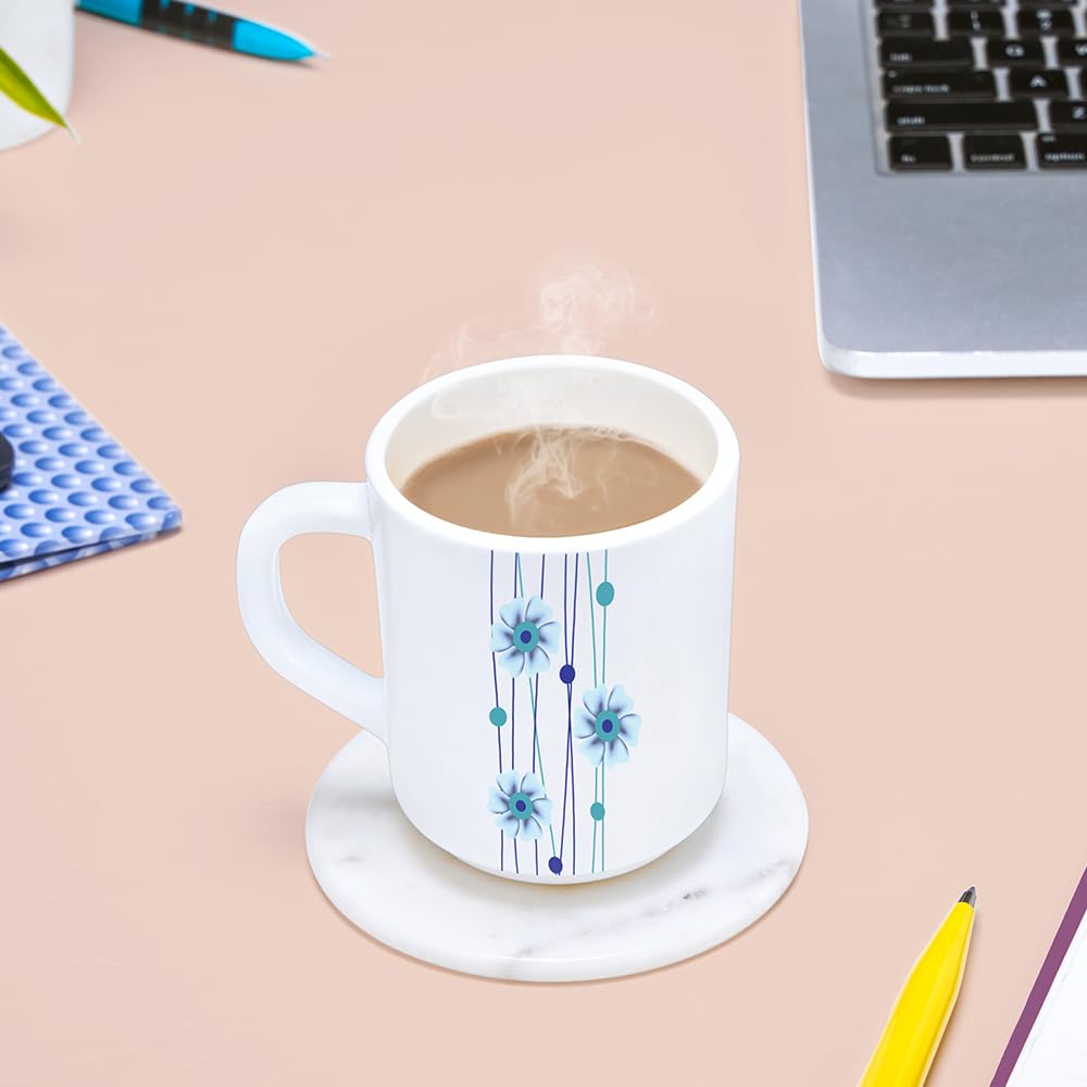 Borosil Bluebell Opalware Tea & Coffee Mugs Set of 6 - 240ml Each, Microwave & Dishwasher Safe, Bone-Ash Free, Durable White Ceramic Cups for Home, Office, Restaurants & Gift Giving