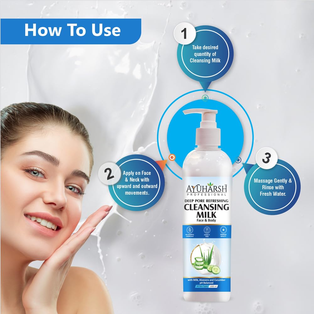 Deep Pore Cleansing Milk with Aloe Vera & Milk - 1000ml Gentle Makeup Remover for Soft, Moisturized & Glowing Skin - Men & Women - Perfect for Daily Skincare & Post-Makeup Cleansing Routine