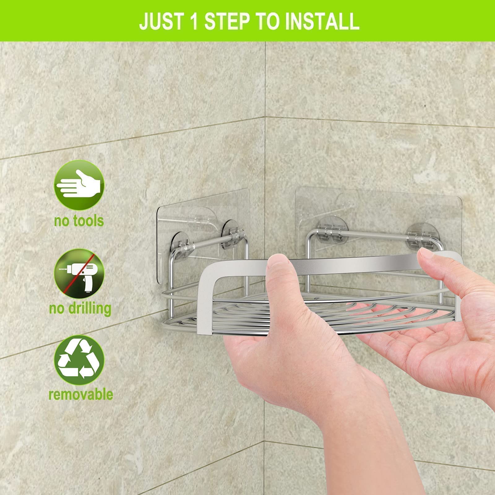 STEUGO 2 Pack Corner Shower Caddy - No Drill Adhesive Wall Mounted Bathroom Shelf with 4 Adjustable Hooks - Rustproof Stainless Steel Storage Organizer for Shampoo, Soap & Bath Accessories - Perfect for Small Showers, Apartments & Dorm Rooms