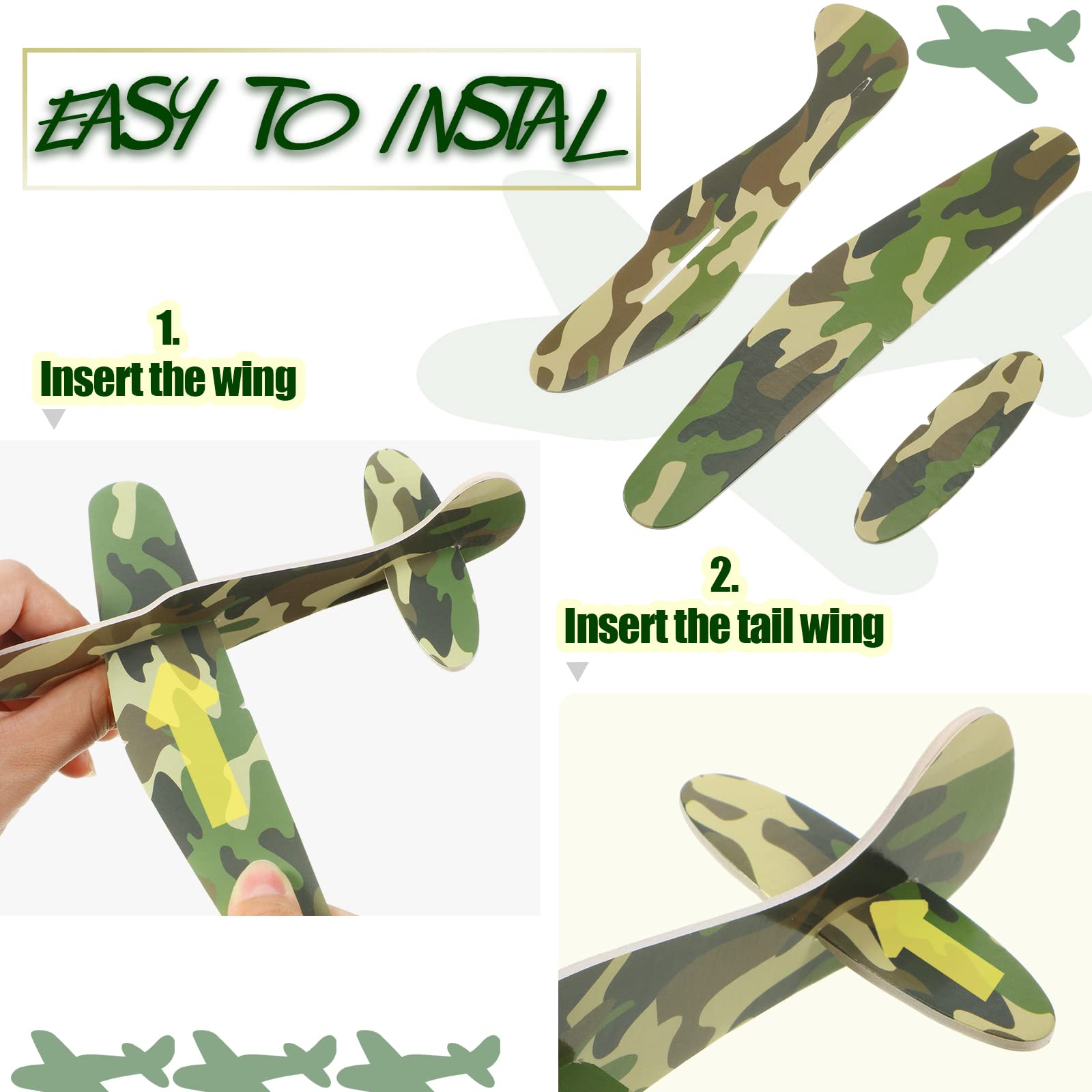 Jerify 10-Piece Parachute Army Men Toys & 10 Camouflage Foam Airplanes Set - Bulk Camo Glider Planes & Parachute Soldiers for Outdoor Play, Birthday Gifts, Kids Party Favors, and Backyard Fun Activities