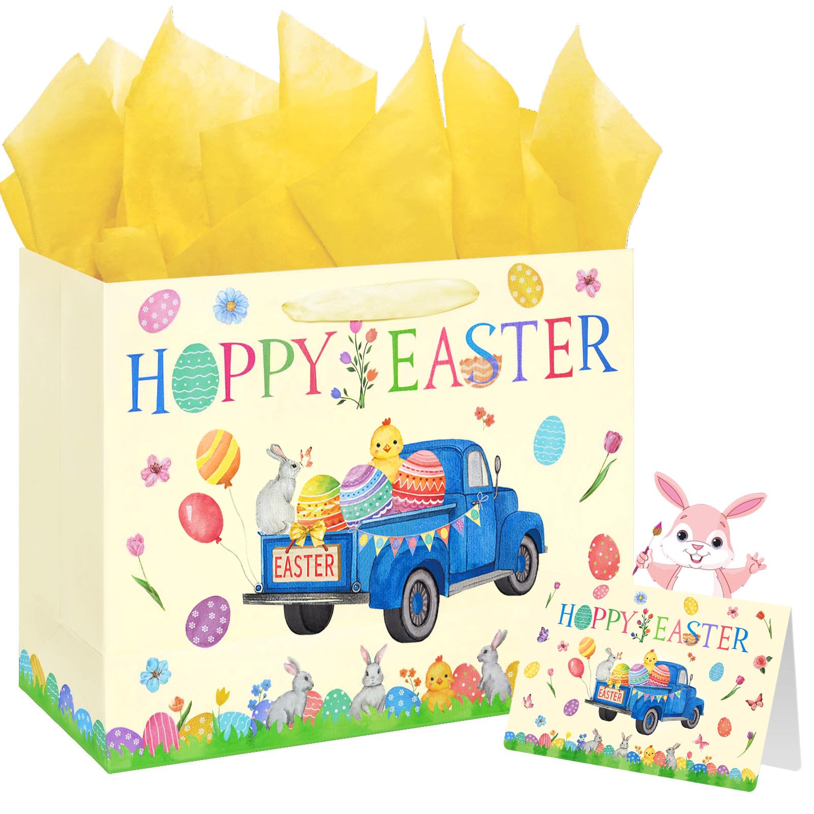 SOCOLER 13 Inch Large Easter Gift Bags with Tissue Paper and Greeting Card - Perfect for Kids Easter Egg Hunts, Party Favors, and Classroom Treats