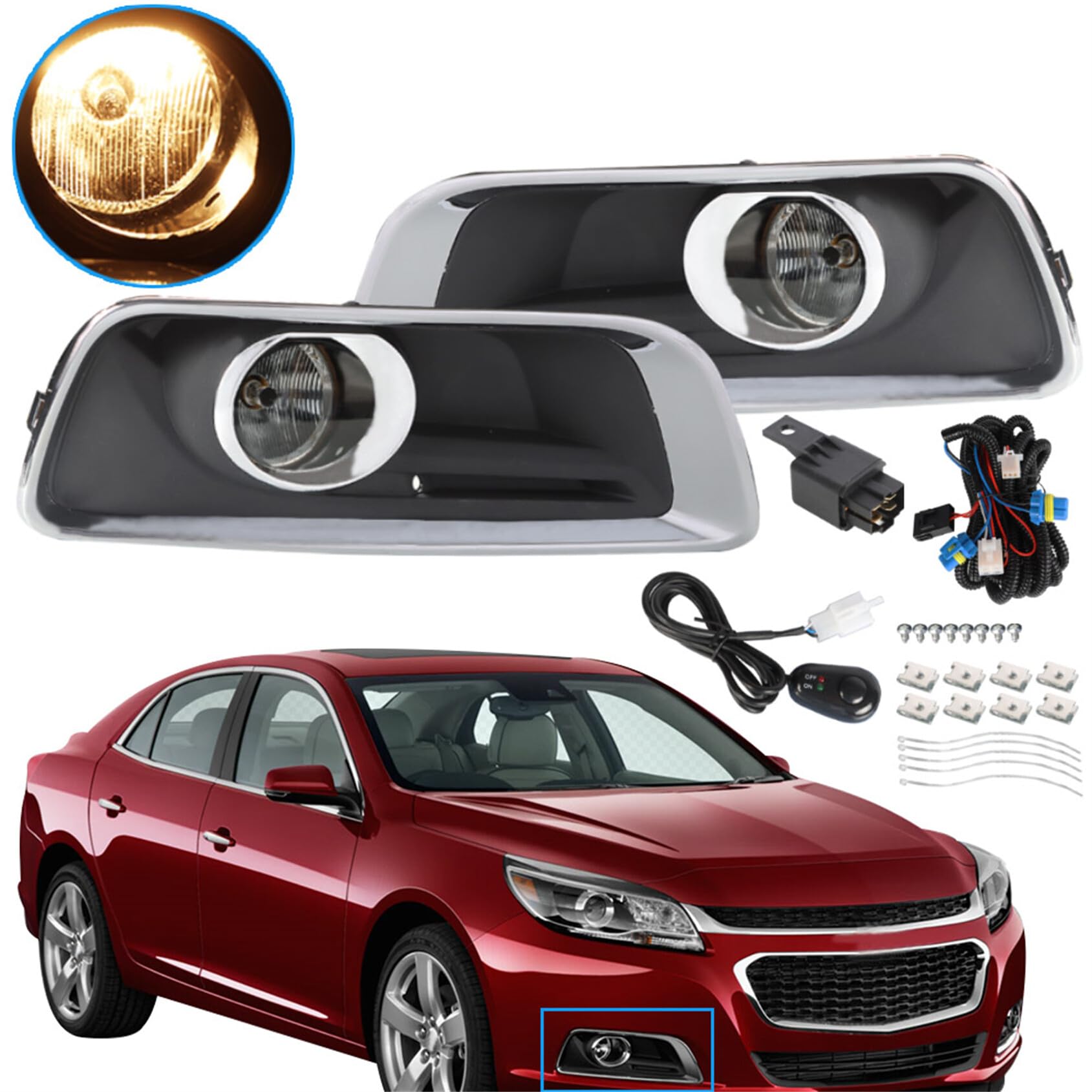 2PCS Front Driving Fog Light Assembly with Bulbs & Switch Wiring Kit - Compatible with 2013-2015 Chevy Malibu - Durable Replacement for Enhanced Night Visibility & Safety Driving