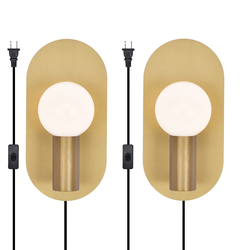 Gold Plug in Wall Sconce Set of 2 - Modern Brushed Stainless Steel Wall Lighting with On/Off Switch - Bedroom, Living Room & Bathroom Wall Mount Light Fixture for Home Decor and Ambient Lighting