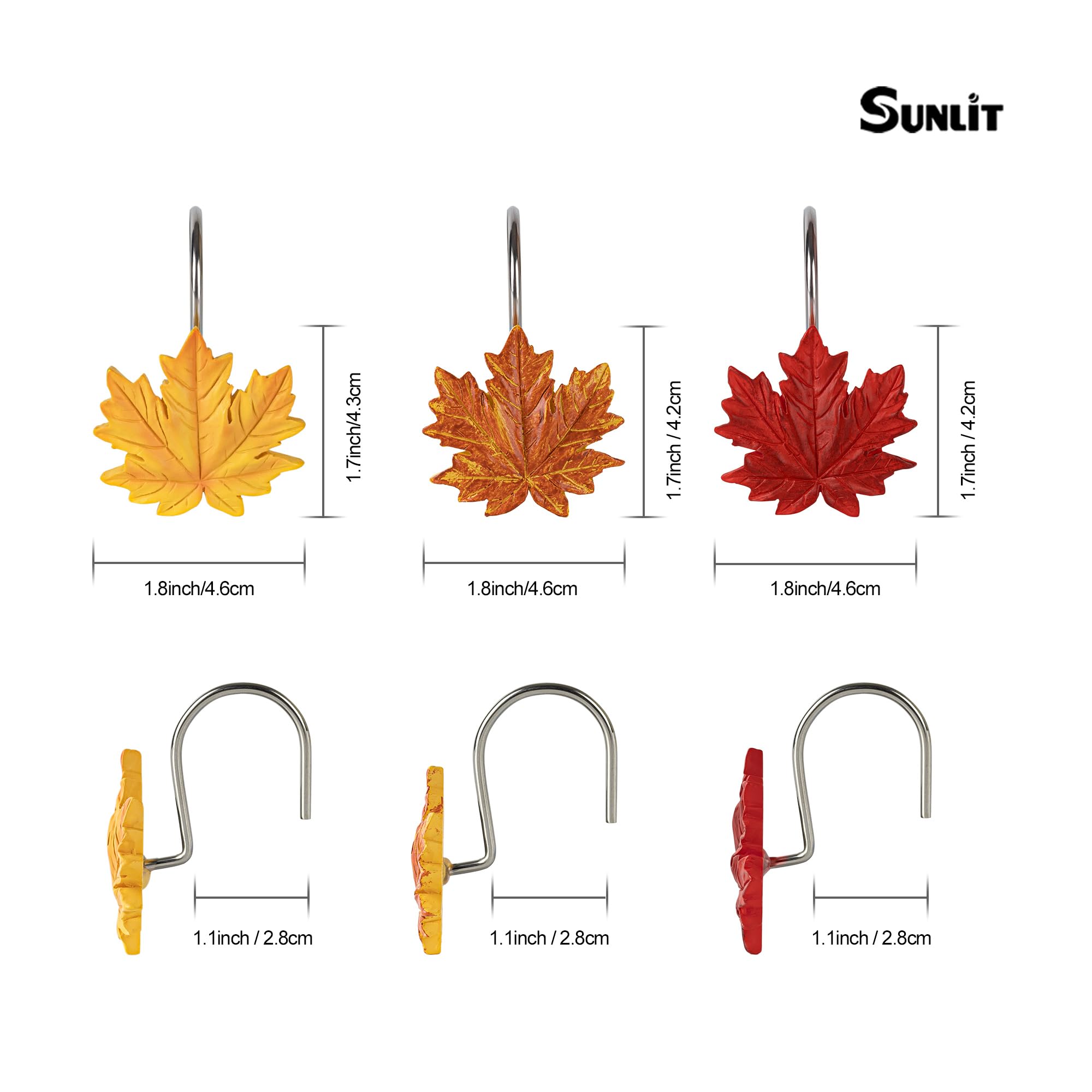 Fall Maple Leaf Shower Curtain Hooks - Set of 12 Rustic Orange Red Resin Bathroom Accessories with Autumn Leaf Design for Seasonal Home Decor | Perfect for Thanksgiving, Halloween & Cozy Fall Bathroom Themes
