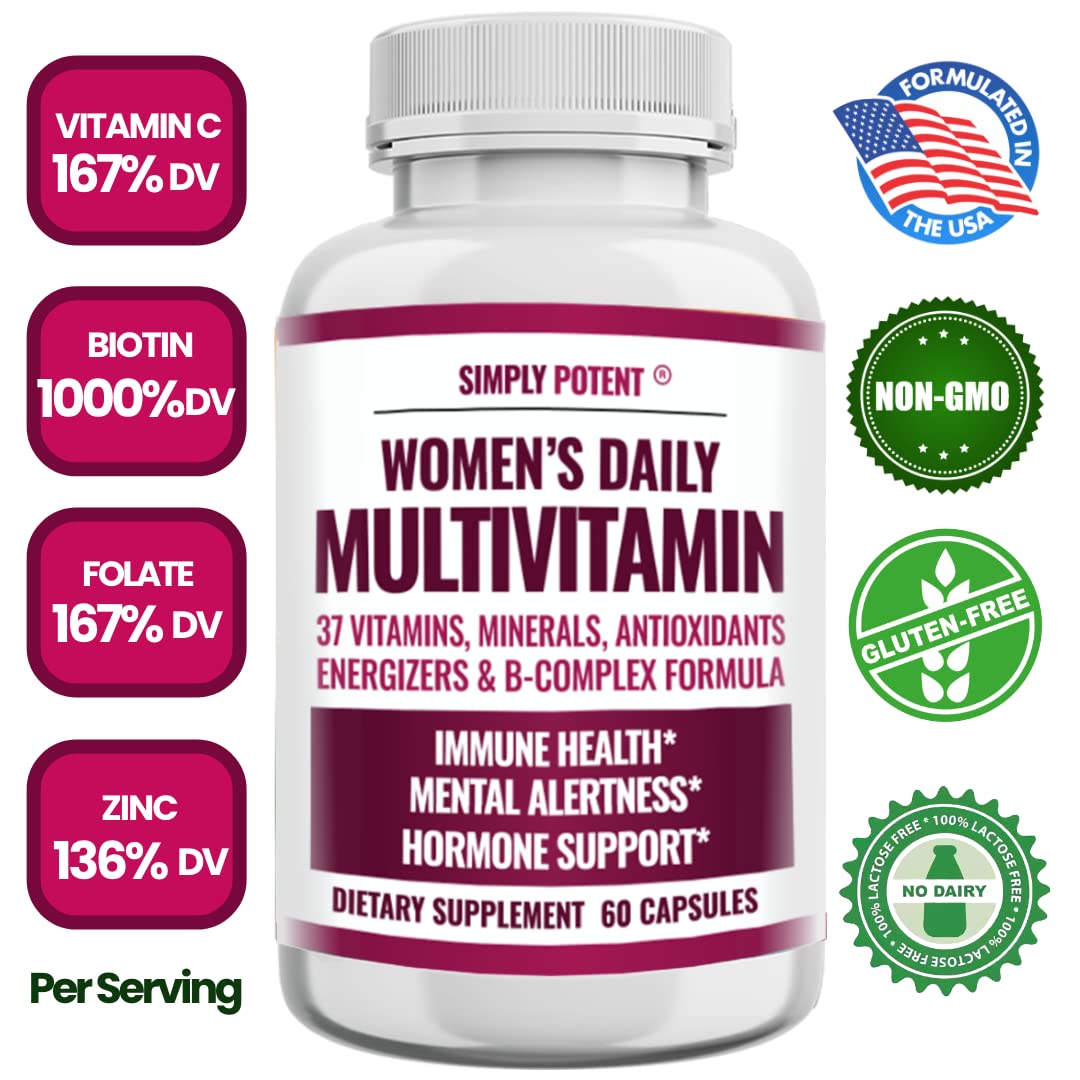 Women's Multivitamin with 37 Essential Vitamins & Minerals - A, C, D, E, Biotin, B12, Folate, Zinc, Magnesium & Calcium - Hair, Skin & Nails Support - Energy Boost & Immune System Defense - Hormone Balance - Green Tea Extract - 60 Capsules - Daily Supplement for Active Women & Wellness Enthusiasts