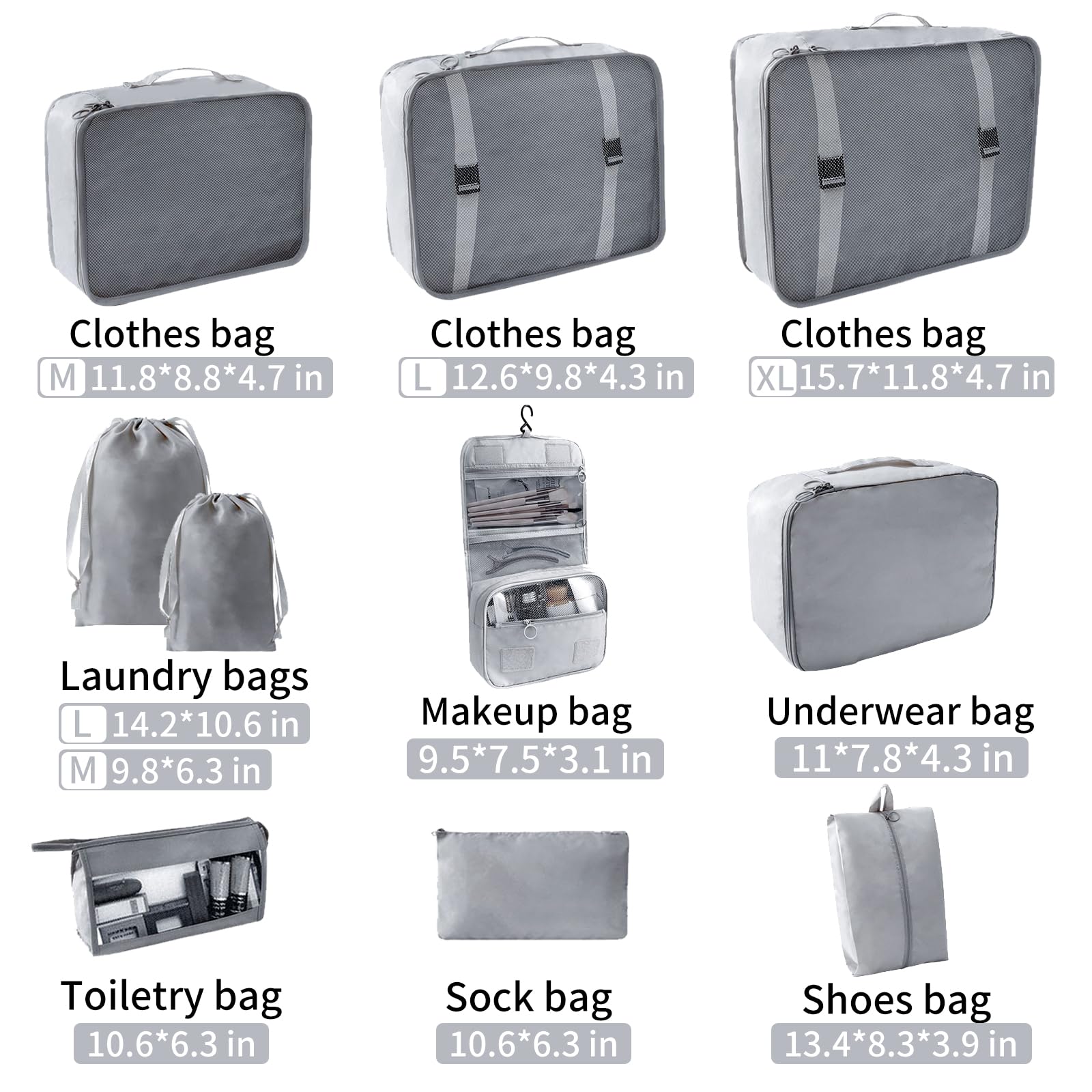 SLMT 10-Piece Packing Cubes Set for Suitcases - Lightweight Luggage Organizer Bags for Carry-On & Travel - Perfect Travel Essentials for Women & Men (Grey) - Ideal for Business Trips, Vacations & Weekend Getaways
