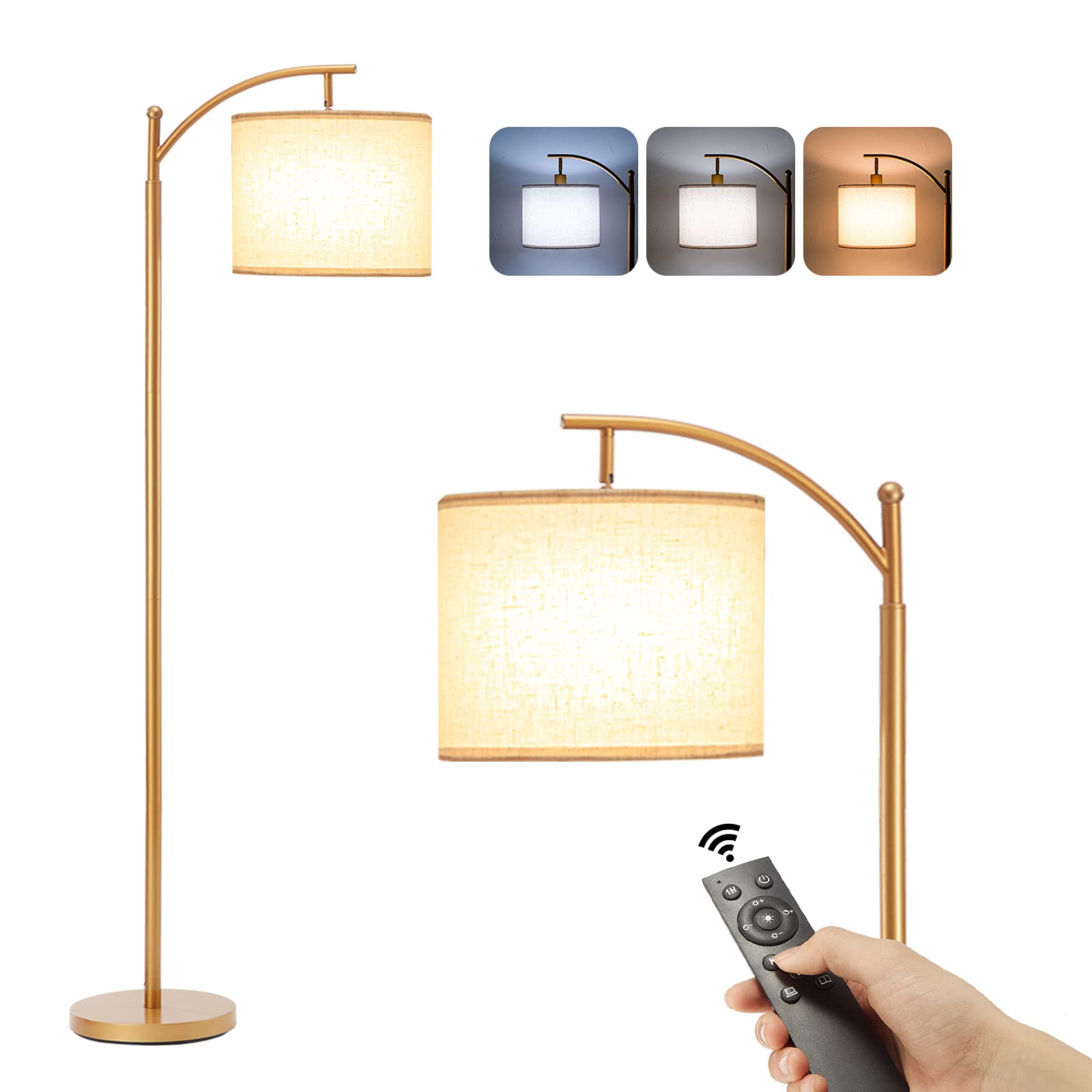 Modern Gold Floor Lamp - Dimmable LED Standing Lamp with 3 Color Temperatures & Remote Control, Tall Corner Light for Living Room, Bedroom, Office (Bulb Included) - Perfect for Reading, Relaxing & Home Decor