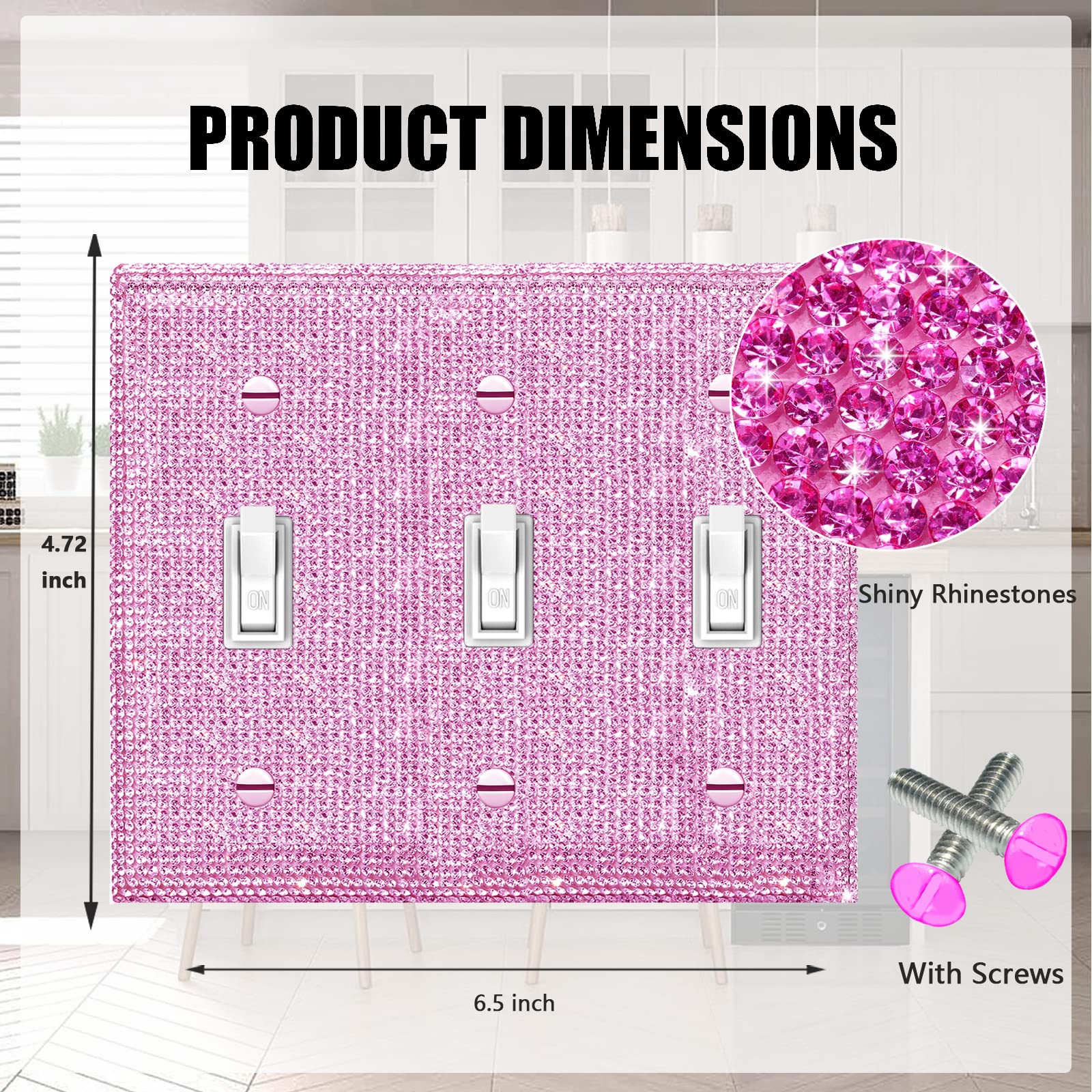 Shiny Pink Rhinestone Outlet Cover - Decorative 3 Gang Light Switch Plate Cover with Sparkling Rhinestones - Perfect for Bedroom, Living Room, and Home Decor
