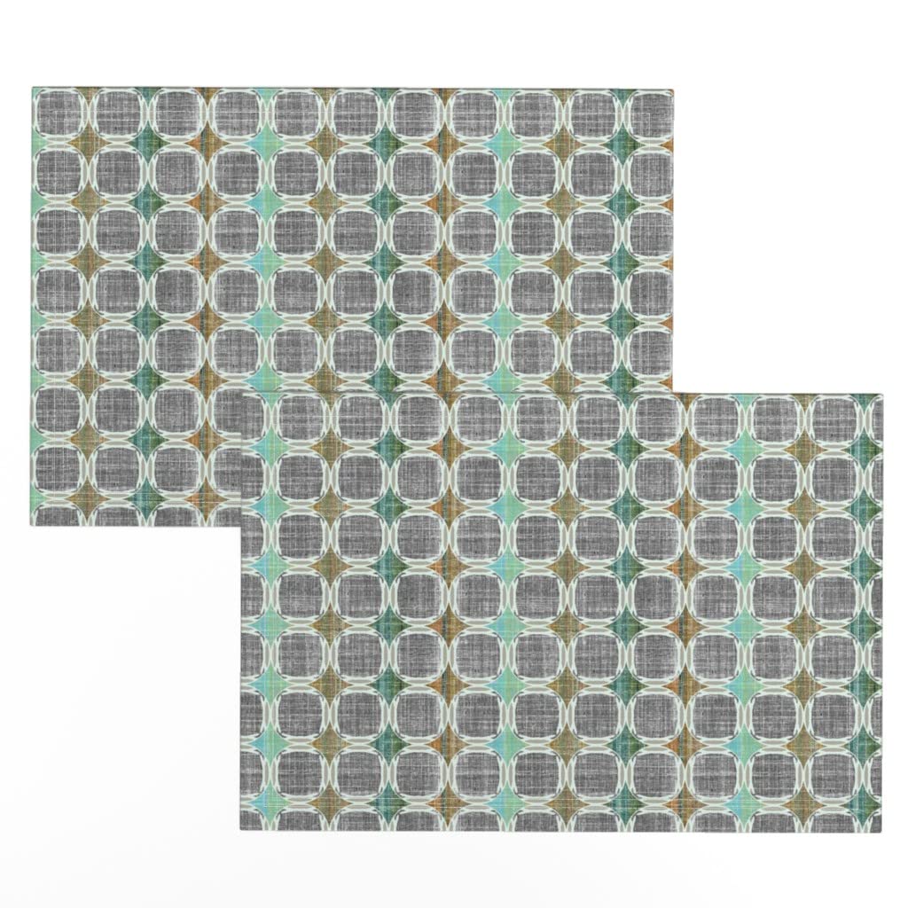 Premium Linen Cotton Canvas Placemats Set of 2 - Modern Jade Aqua Mid-Century Geometric Circles Print - Elegant Dining Table Decor for Dinner Parties & Home Decor