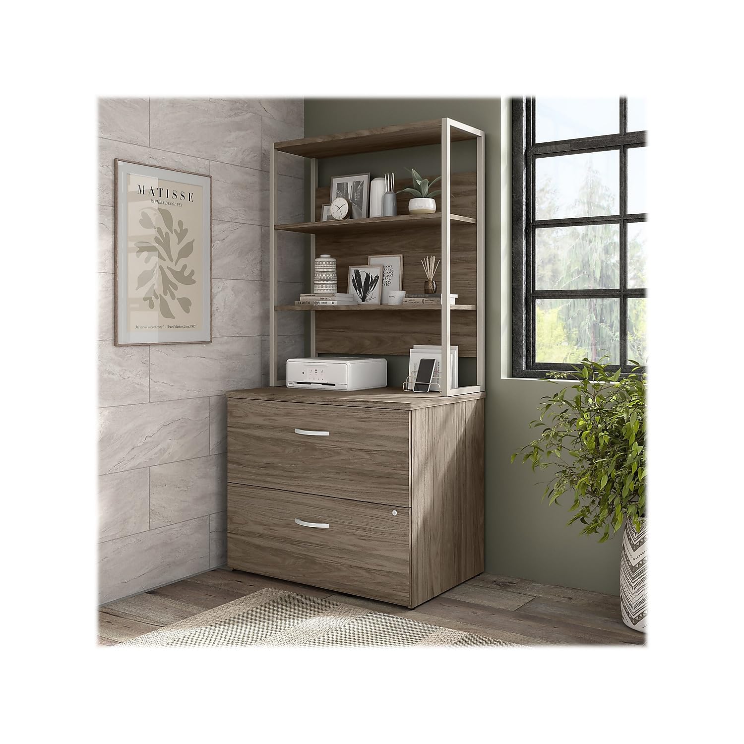 Bush Business Furniture Hybrid 36W Bookcase Hutch in Modern Hickory - Stylish Office Storage Solution for Home & Workspace Organization