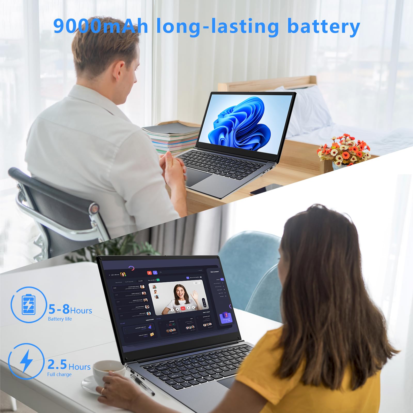 Morostron 16-inch Portable Laptop - 8GB DDR RAM, 256GB SSD (Expandable to 1TB), Intel Pentium Quad-Core CPU up to 2.6GHz, 9000mAh Battery, Mini HDMI & USB 3.0 Ports, Dual-Band WiFi, HD Webcam - Perfect for Work, Study & Travel