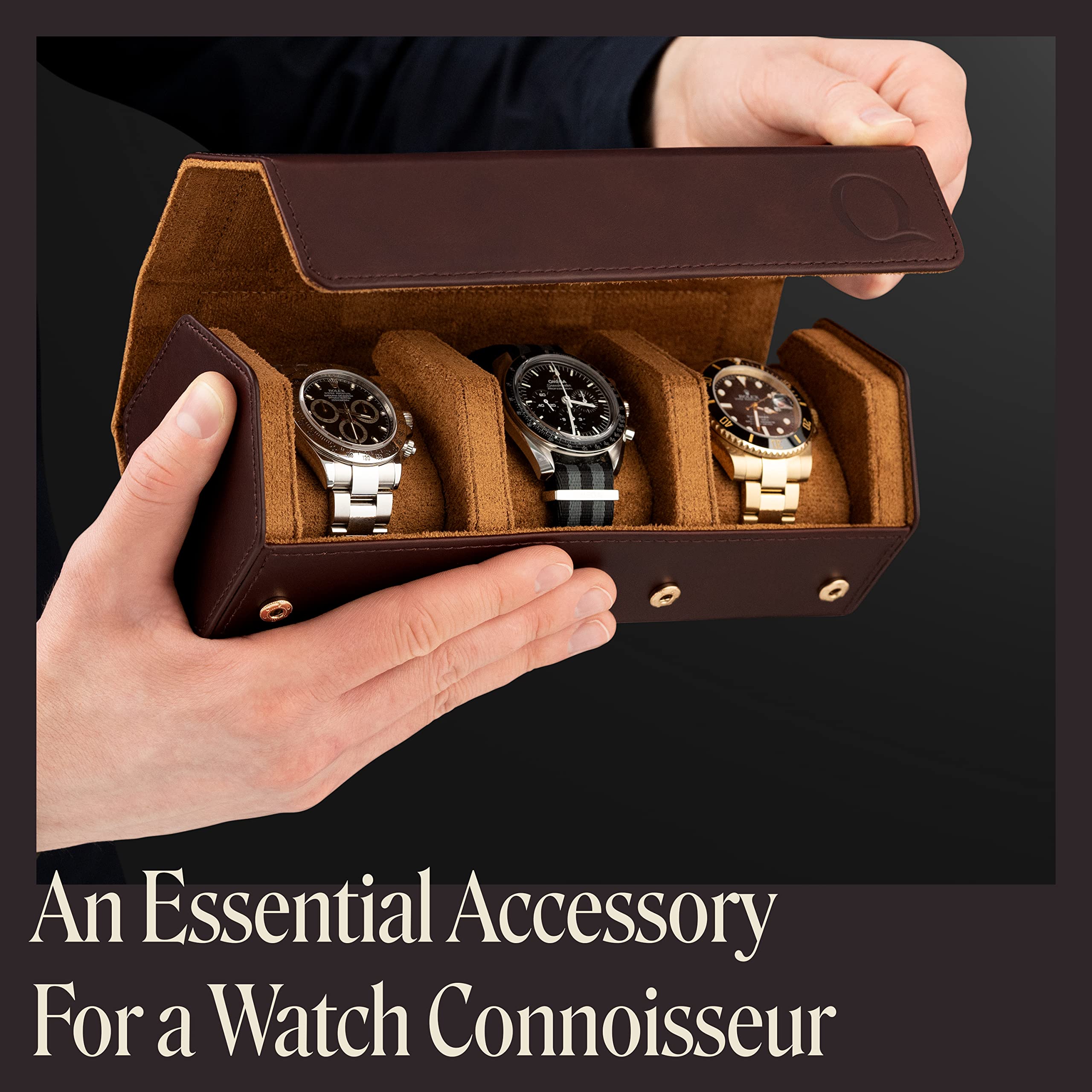 Premium Napa Leather Watch Roll for Men - Hexagon Triple Watch Travel Case Holds 3 Watches - Genuine Leather Storage Organizer with Velvet Lining (Brown/Tan) - Perfect for Travel, Business Trips & Watch Collection Display