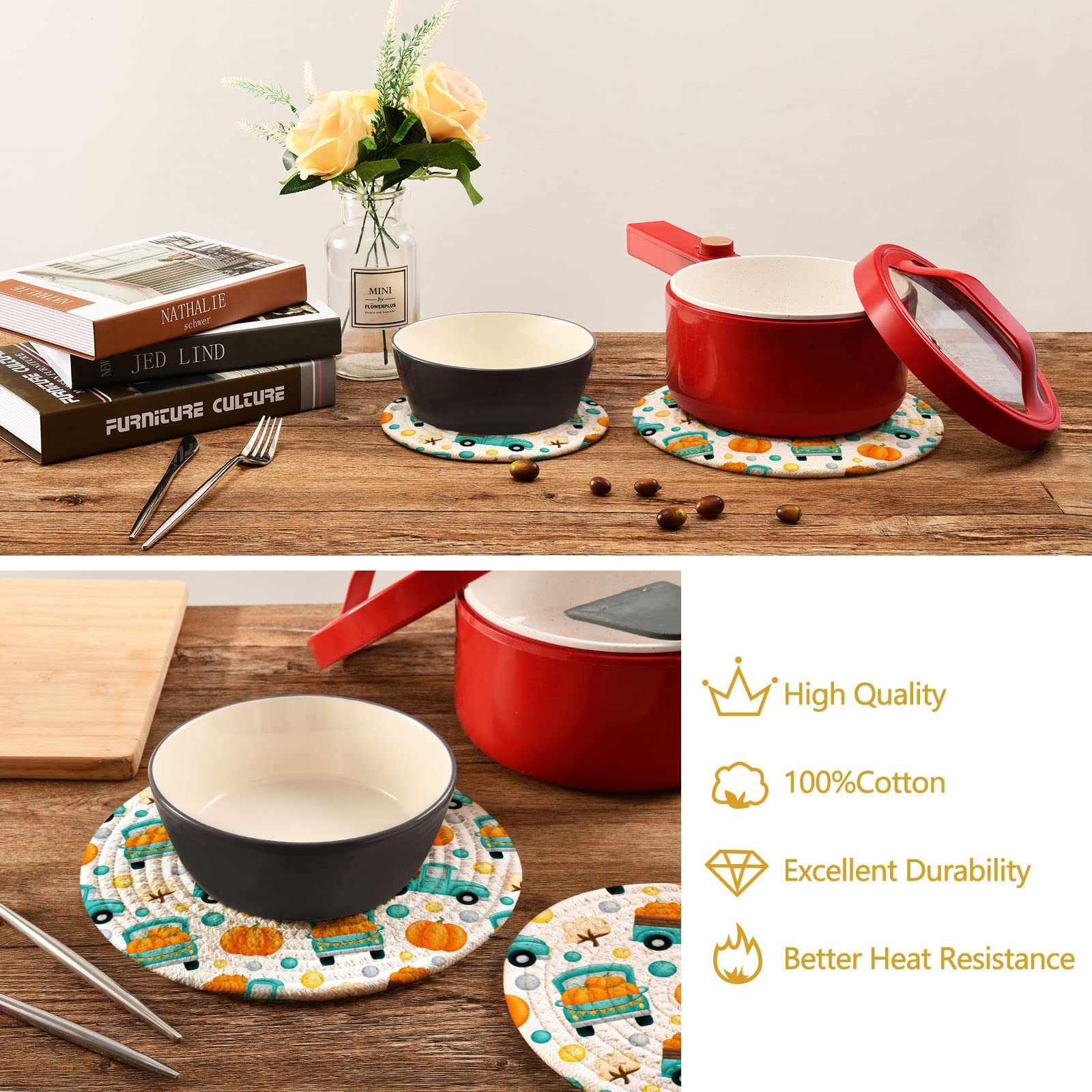 **Heat Resistant Pumpkin Truck Autumn Pot Holders - 2-Pack Fall Harvest Cotton Trivets for Hot Dishes, Pans & Bowls | Perfect for Thanksgiving, Kitchen Decor & Cozy Fall Tablescapes**