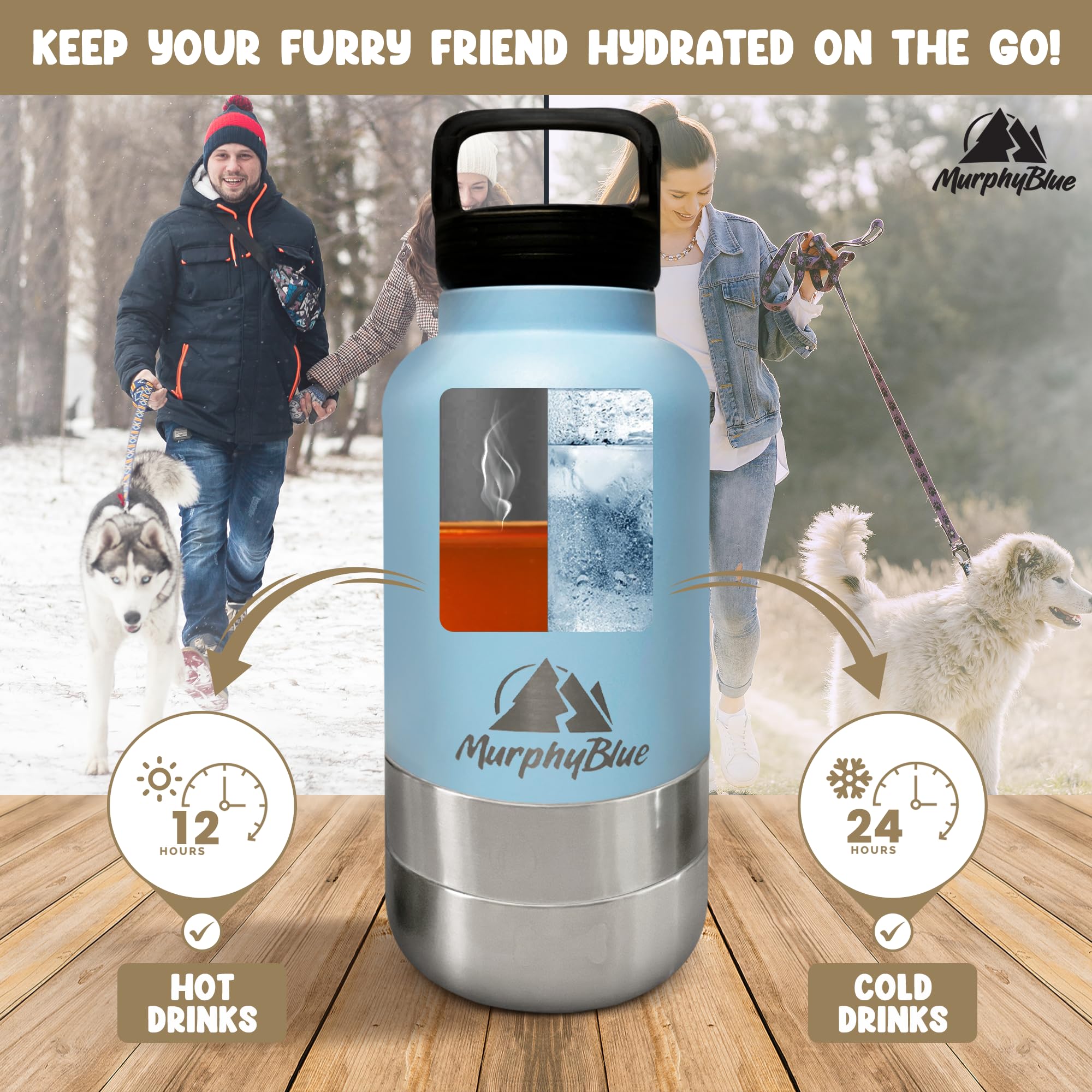 32oz Insulated Stainless Steel Dog Water Bottle with BPA-Free Detachable Bowls & Built-in Carabiner - Portable Pet Travel Water Dispenser for Hiking, Camping, and Outdoor Adventures