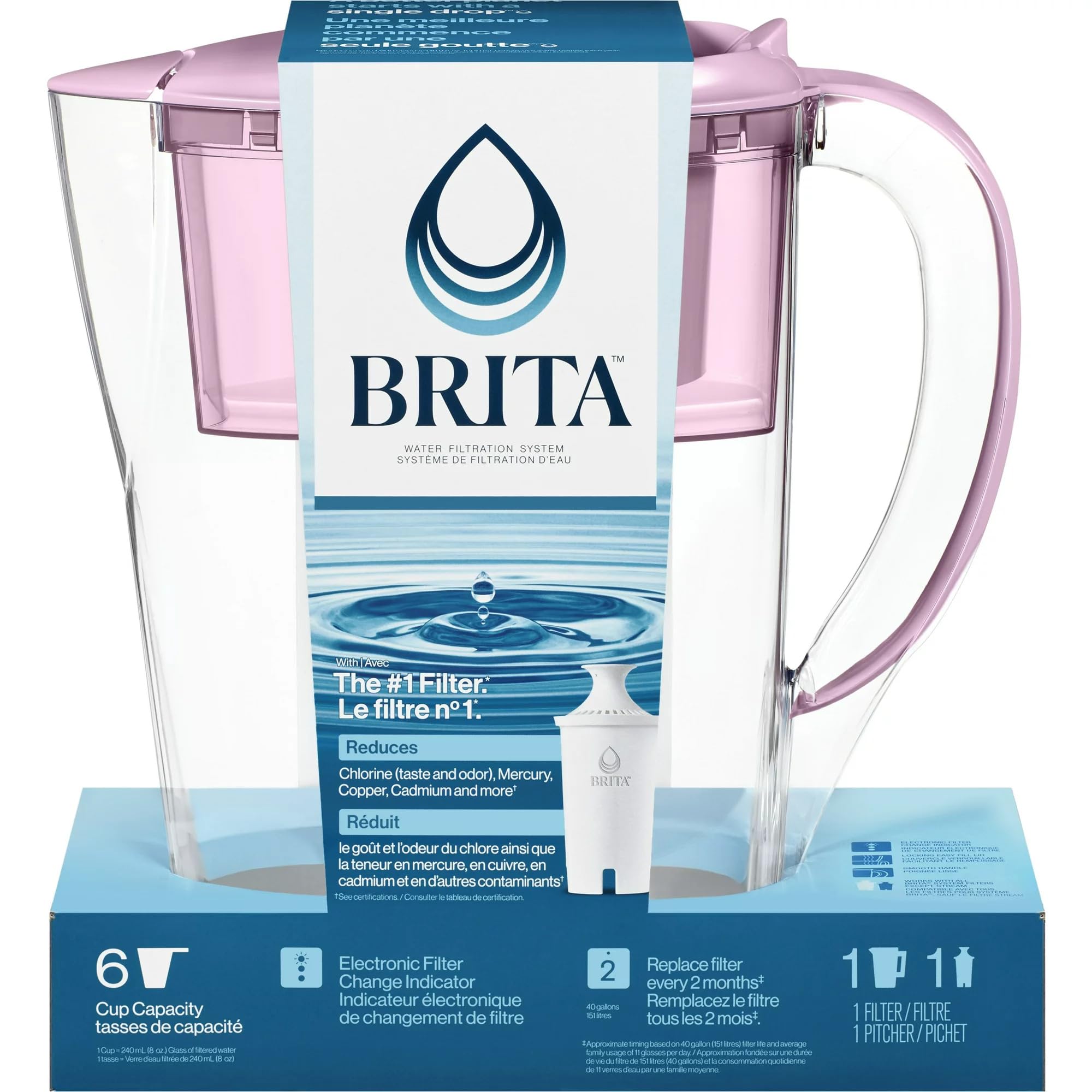 Brita Small 6 Cup Space Saver Water Filter Pitcher with 1 Standard Filter - Compact Purple Water Filtration System for Refrigerator & Small Kitchens | BPA-Free, Reduces Chlorine & Impurities