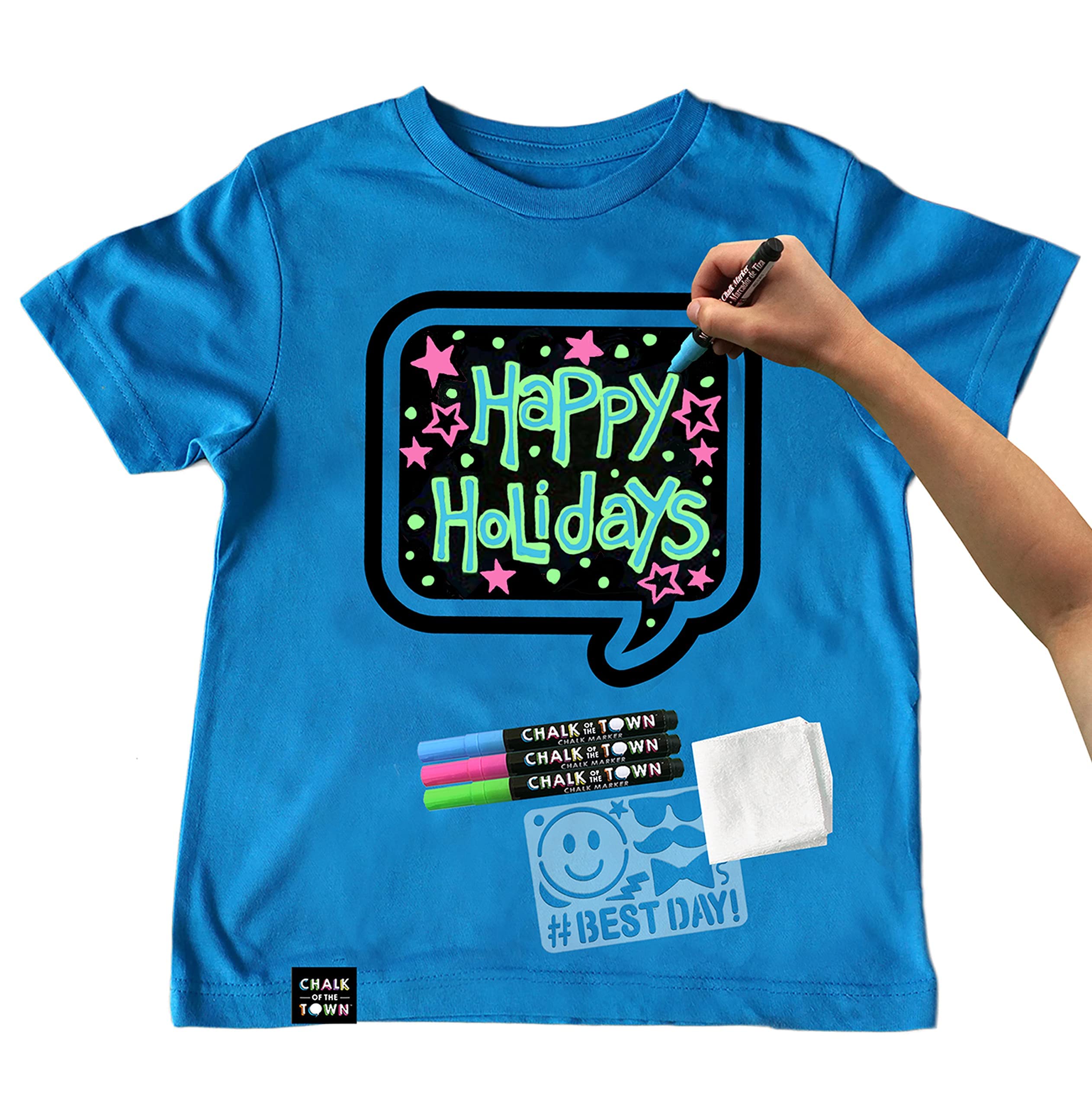 Kids Blue Speech Bubble Chalkboard T-Shirt Kit with 3 Washable Markers & Stencil - Youth XS | Fun DIY Craft & Back to School Activity