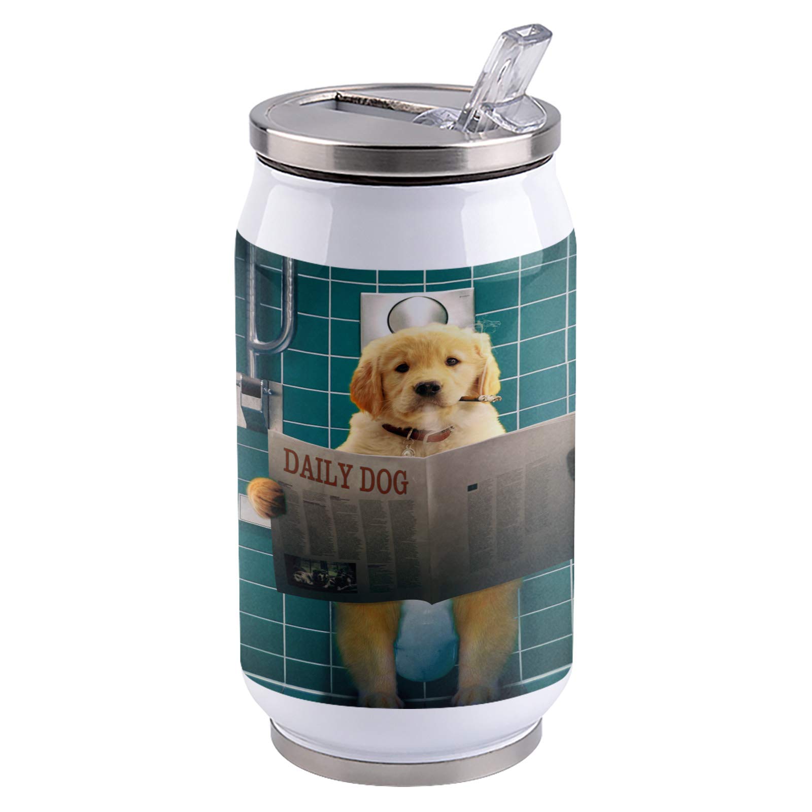 Stainless Steel Travel Tumbler with Lid & Straw - 400ml Insulated Coffee Mug for Hot & Cold Drinks - Cute Golden Retriever Dog Reading Newspaper Design - Perfect for Home, Office, Travel, Camping & Outdoor Activities