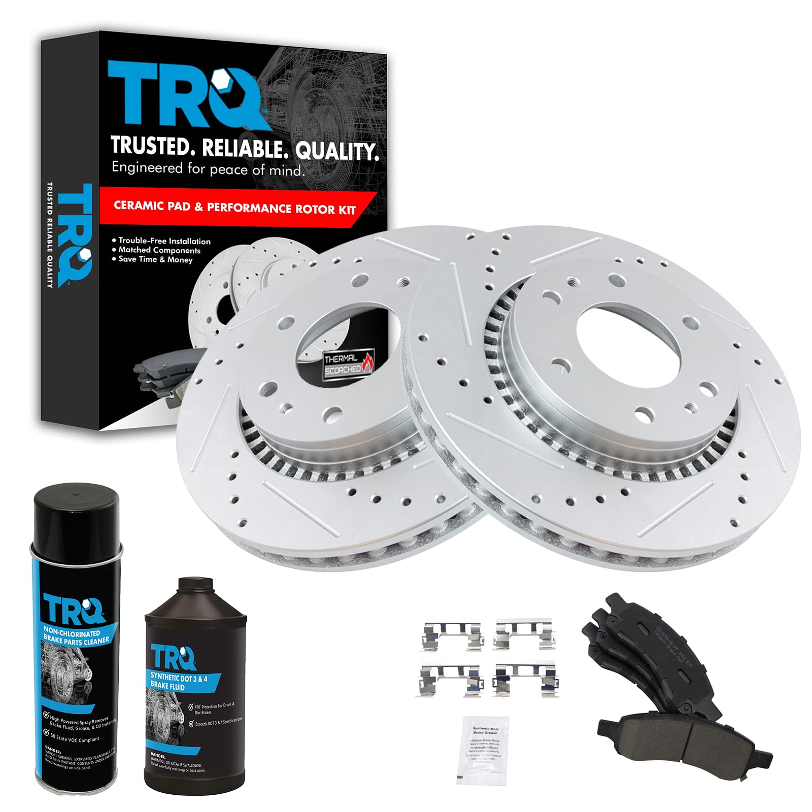 TRQ Performance Front Disc Brake Rotor & Ceramic Pad Kit with Chemicals - Perfect for High-Performance Cars, Trucks & SUVs