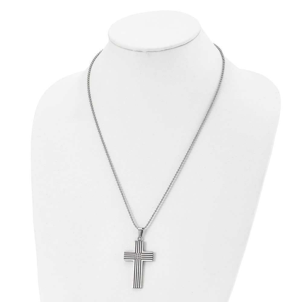 Stainless Steel Striped & Black Diamond Cross Pendant Necklace - 22 Inch Chain for Women & Men - Perfect for Gifts, Weddings, Church & Everyday Wear