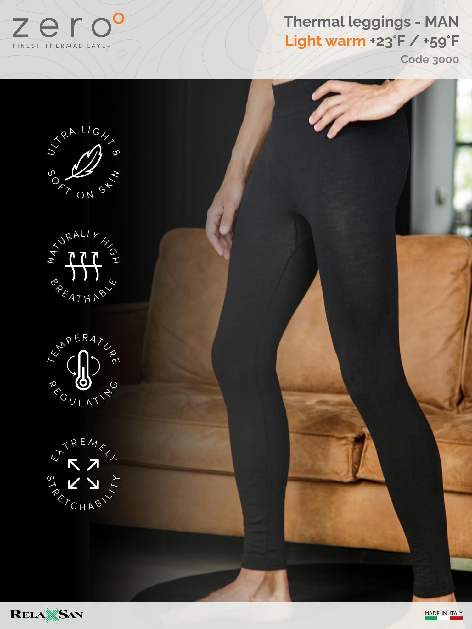 Relaxsan Zero 3000 Men's Thermal Base Layer Leggings - Dryarn & Merino Wool Blend for Warmth & Breathability | Perfect for Winter Sports, Hiking & Cold Weather Activities
