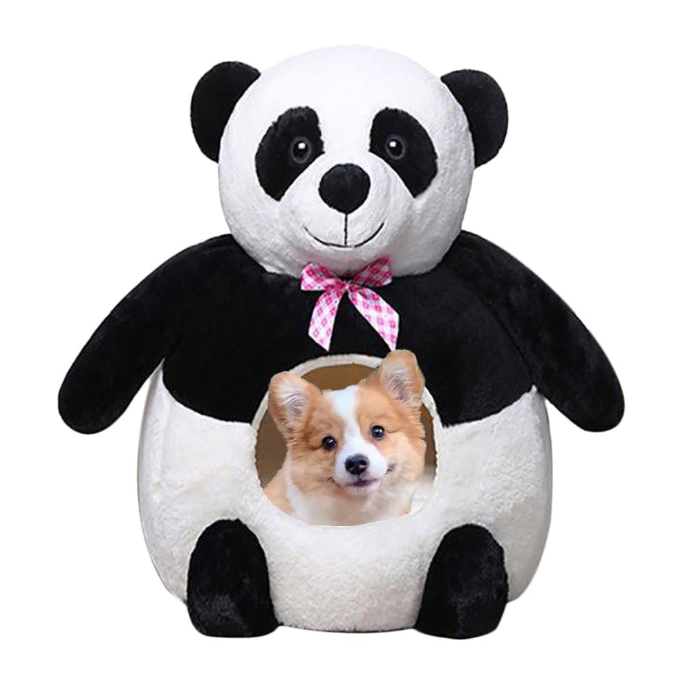 Cozy Indoor Dog Bed Cave with Removable Washable Cushion - Warm Plush Pet Tent House for Small & Medium Dogs & Cats - Cartoon Bear Design Pet Sleeping Bed (Medium, Black) - Perfect for Home, Apartment & Travel Use