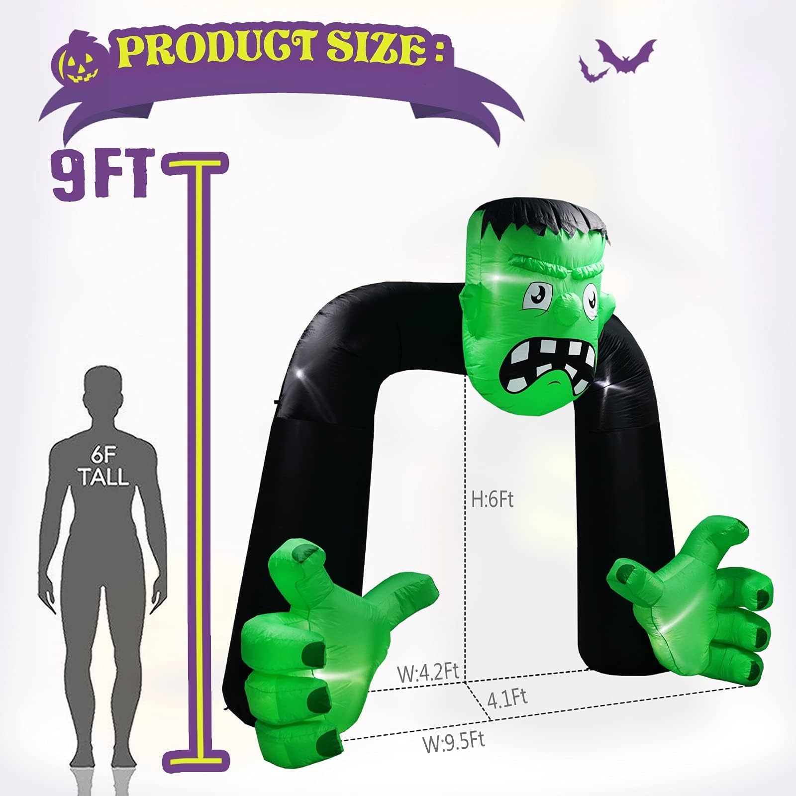 9FT Tall Halloween Inflatables Archway with Frankenstein - Outdoor Yard Decoration with Built-in 5 LED Lights, Blow Up Inflatable Arch for Spooky Halloween Party Decorations, Haunted House Entrance, and Trick-or-Treat Display