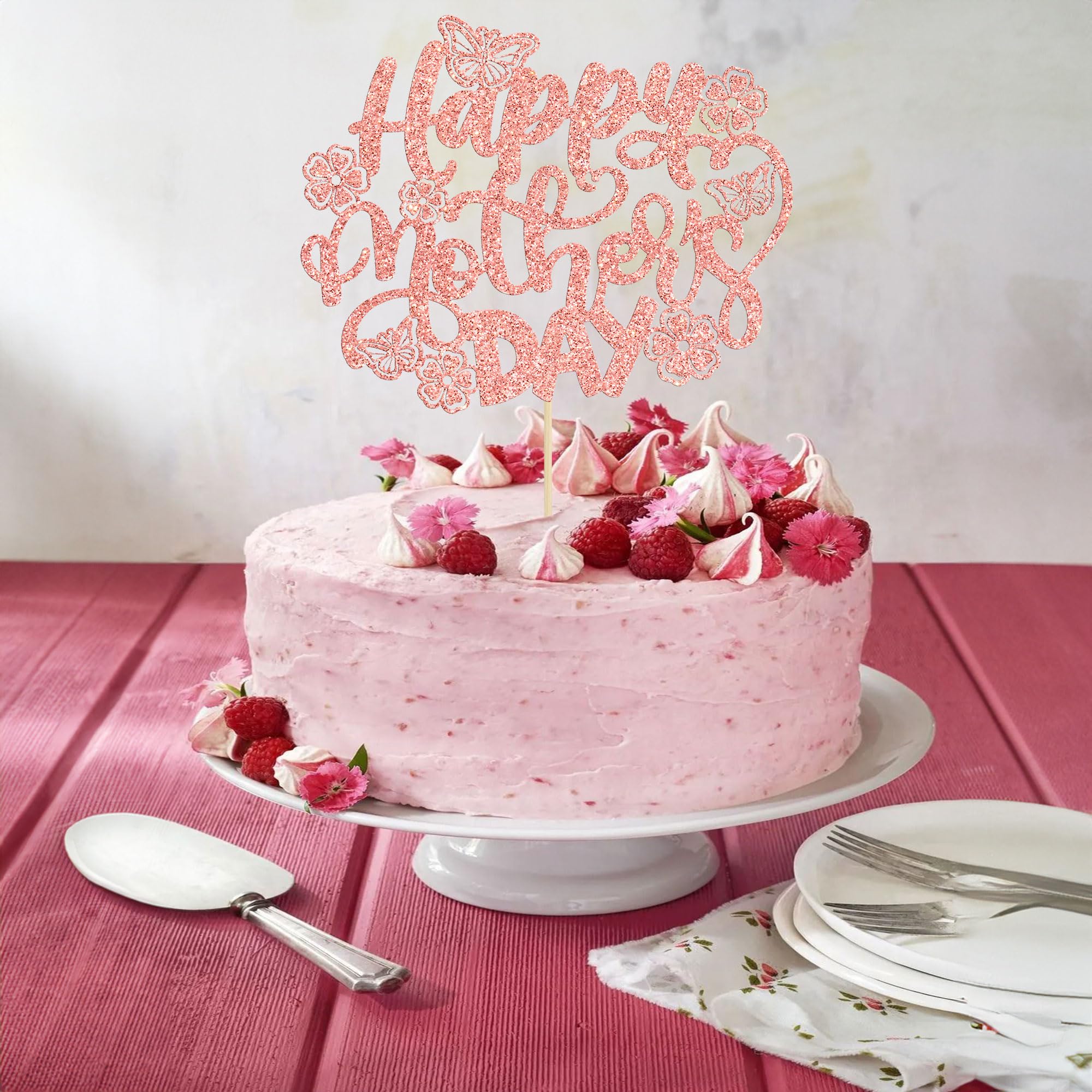 1 Pack Rose Gold Glitter Happy Mother's Day Cake Toppers - Mom Cake Picks for Birthday, Wedding & Mother's Day Party Decorations | Cake Decorating Supplies for Women, DIY Dessert Toppers
