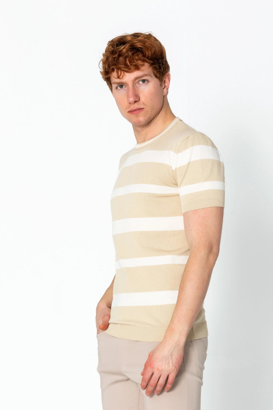 RNT23 Striped Knit T-Shirt Beige - Soft & Comfortable Casual Top for Women | Perfect for Everyday Wear, Layering & Outfits