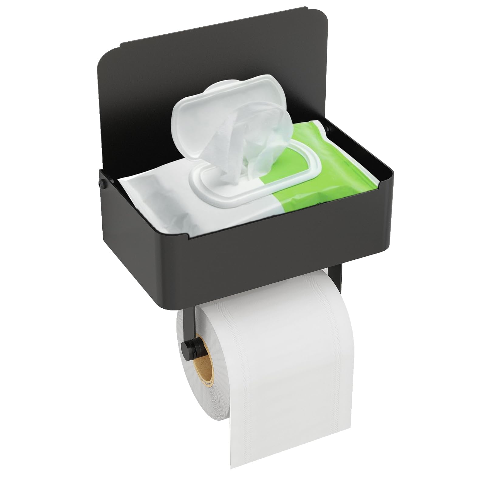 JUYSON Stainless Steel Toilet Paper Holder with Shelf & Flushable Wipes Dispenser - Wall Mount Bathroom Organizer for Wipes Storage | SUS304 Matte Black | Perfect for Modern Bathrooms & Hidden Wipe Organization