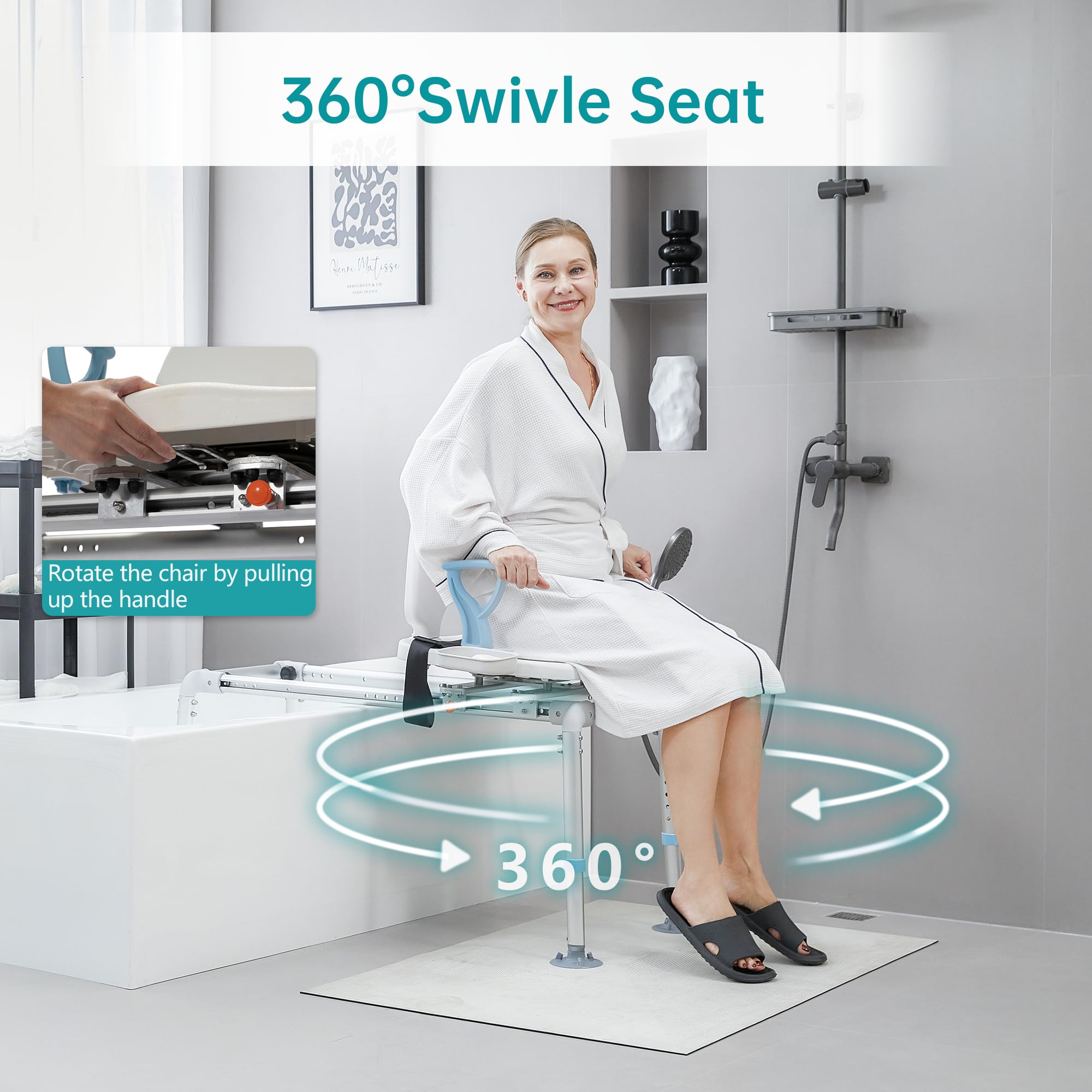 ELENKER Heavy Duty Sliding Shower Chair with Swivel Seat - Rotating Bathtub Transfer Bench for Elderly & Disabled - Non-Slip Suction Cup Bath Safety Seat - Ideal for Mobility Assistance & Bathroom Safety